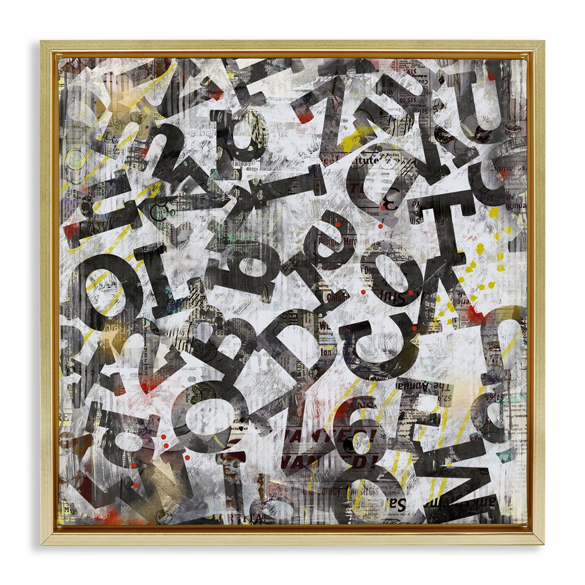 Stupell Industries Collaged Typography Letters Abstract Painting Gold Floater Framed Canvas Art Print Wall Art, 18 x 18