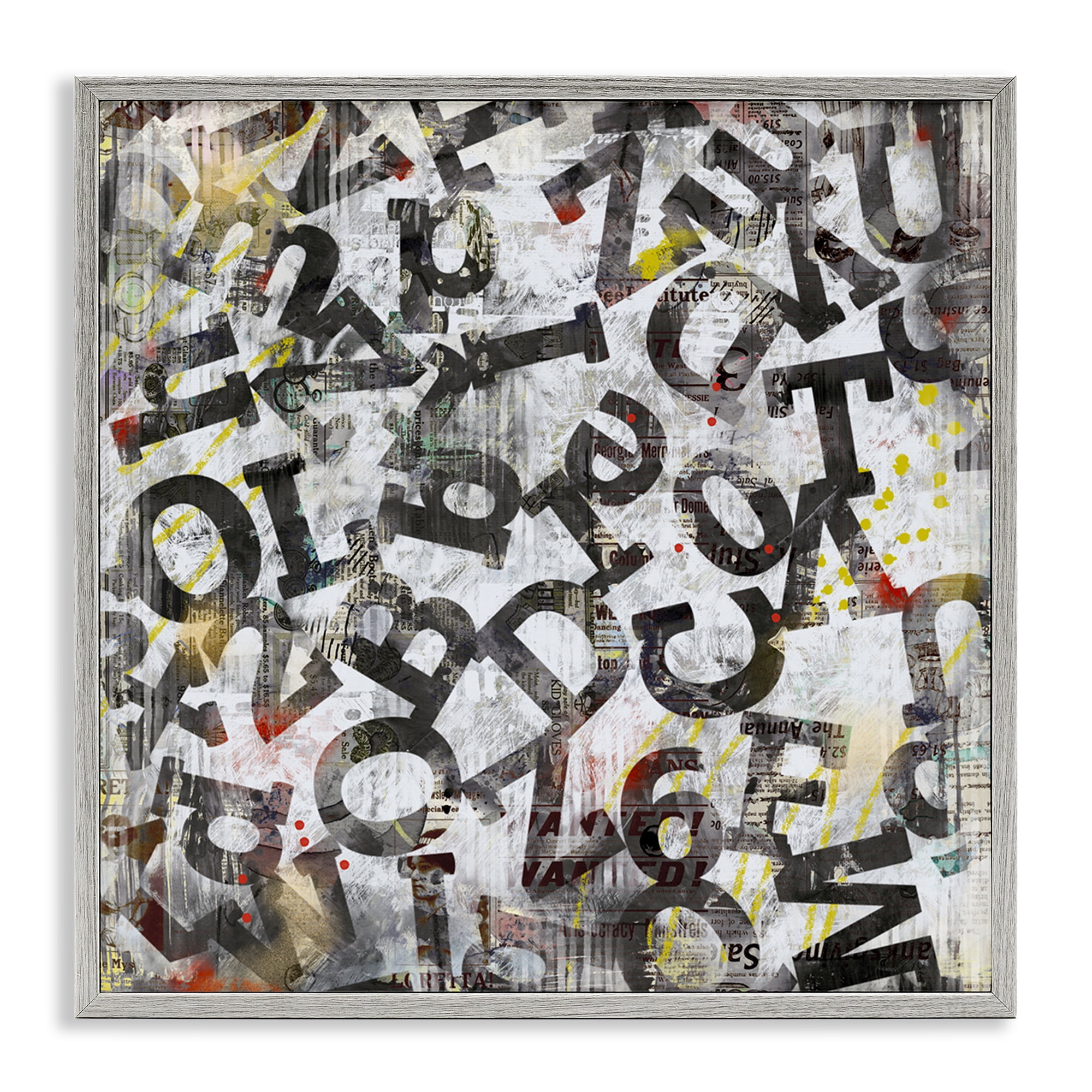 Stupell Industries Collaged Typography Letters Abstract Painting Gray Framed Art Print Wall Art, 12 x 12