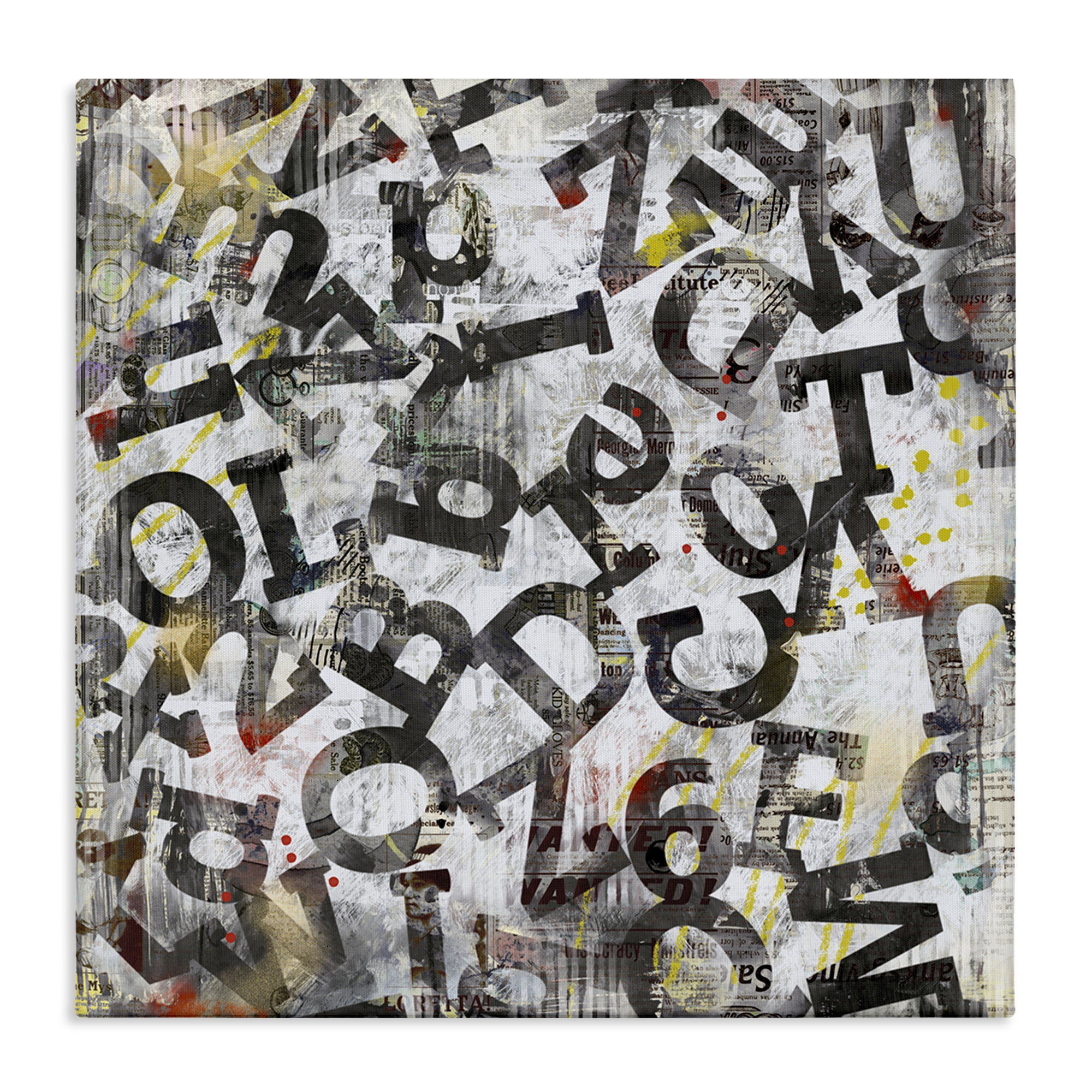 Stupell Industries Collaged Typography Letters Abstract Painting Wrapped Canvas Art Print Wall Art, 30 x 30