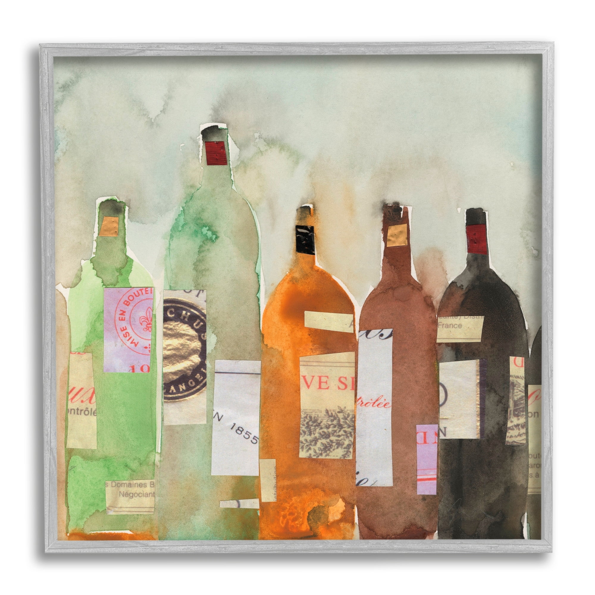 Stupell Industries Collaged Wine Champagne Bottles Vintage Style Paintings Gray Framed Art Print Wall Art, 12x12, by Samuel Dixon
