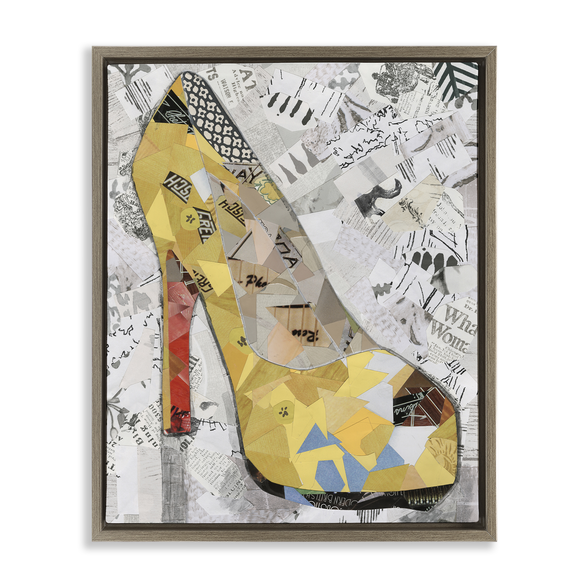 Stupell Industries Collaged Yellow Heel Fashion Painting Brown Floater Framed Canvas Art Print Wall Art, 25 x 31