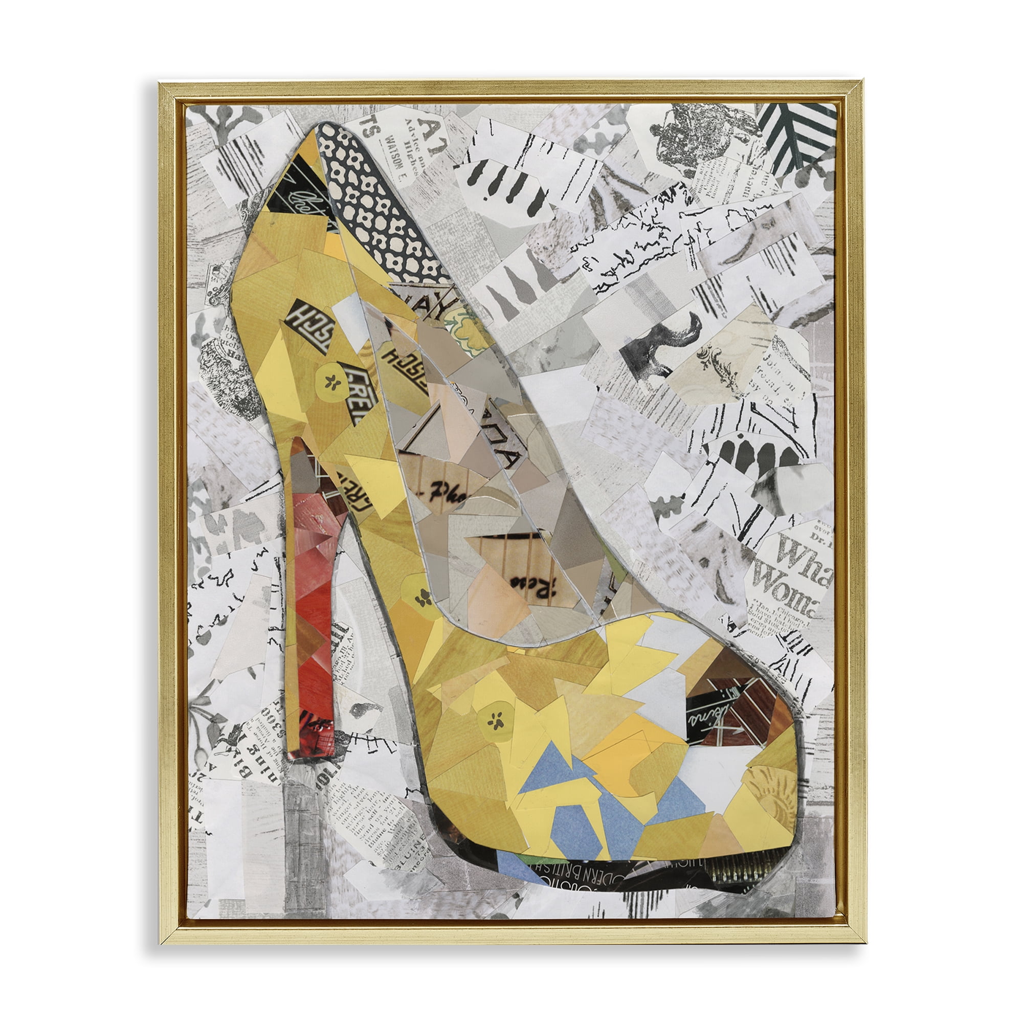 Stupell Industries Collaged Yellow Heel Fashion Painting Gold Floater Framed Canvas Art Print Wall Art, 25 x 31