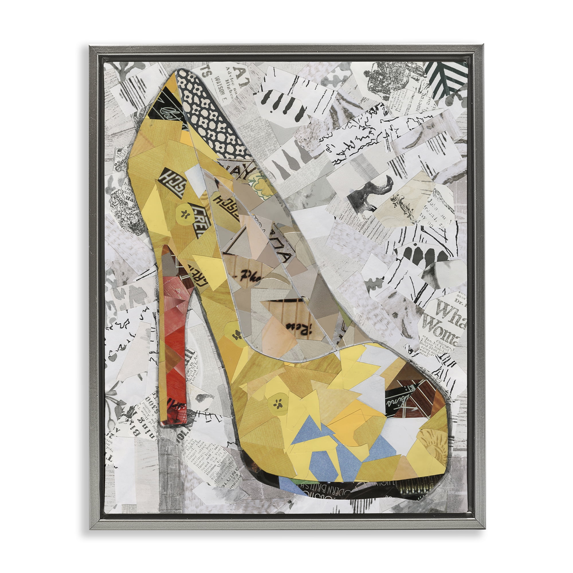 Stupell Industries Collaged Yellow Heel Fashion Painting Gray Floater Framed Canvas Art Print Wall Art, 25 x 31