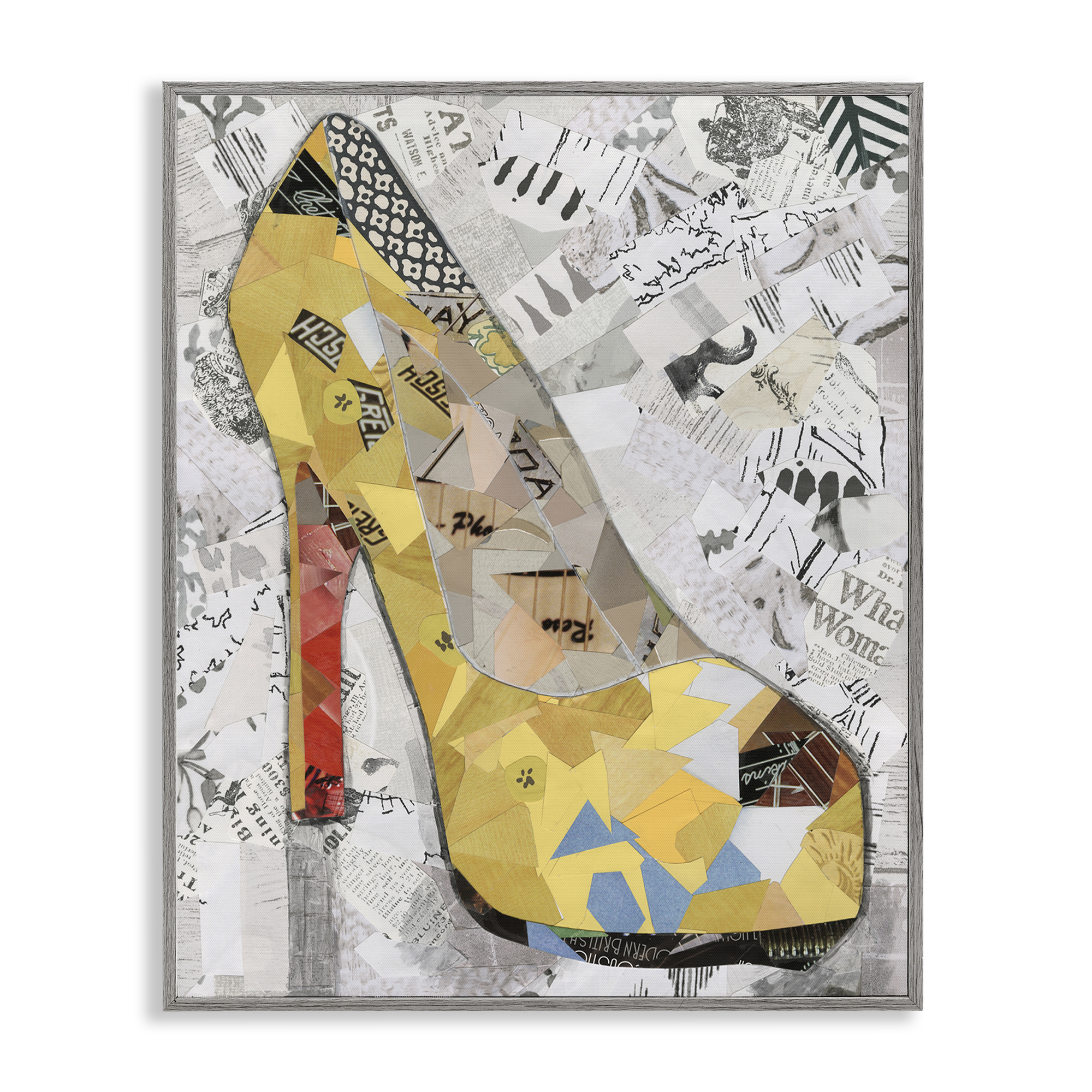 Stupell Industries Collaged Yellow Heel Fashion Painting Gray Framed Art Print Wall Art, 11 x 14