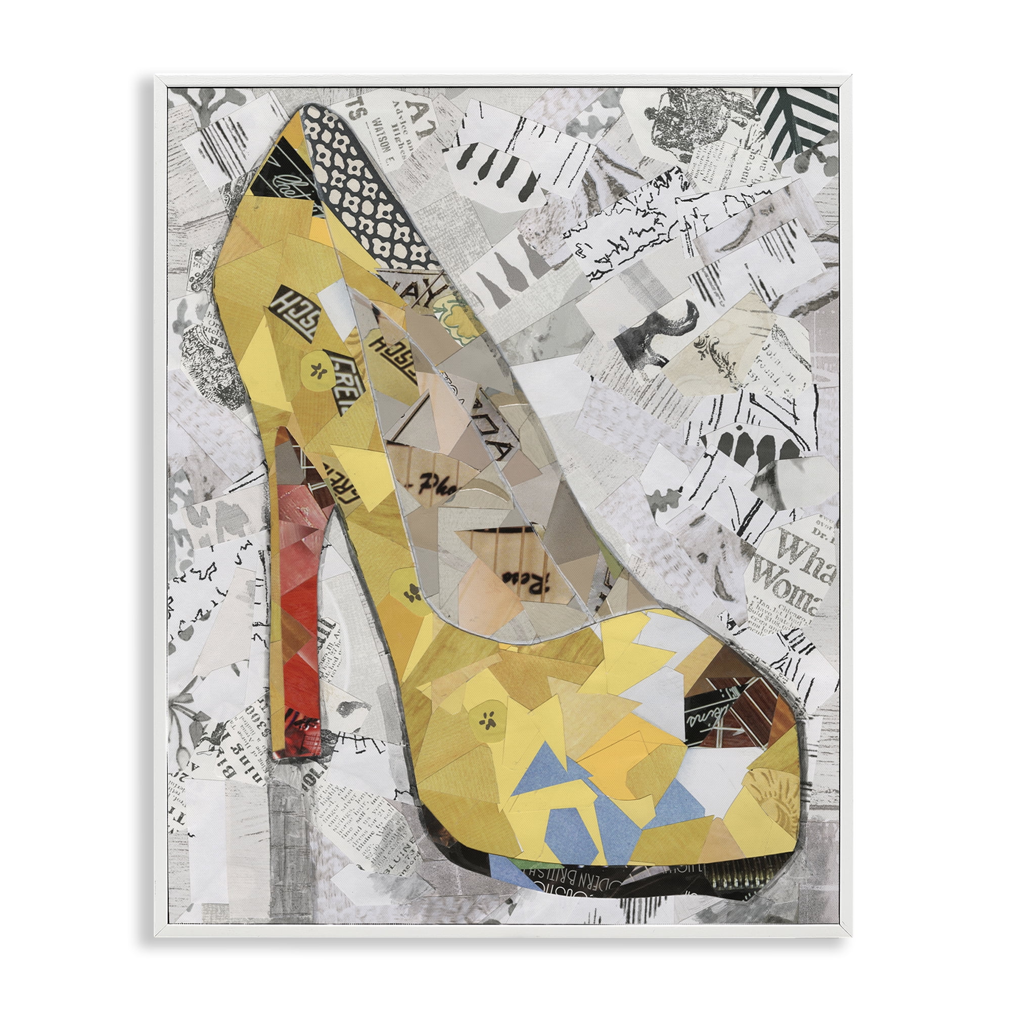 Stupell Industries Collaged Yellow Heel Fashion Painting White Framed Art Print Wall Art, 11 x 14