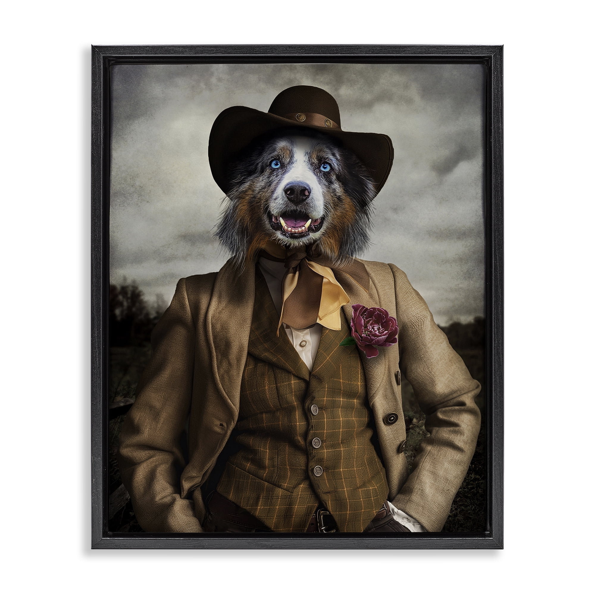 Stupell Industries Colonial Fashion Dog Animals & Insects Painting Black Floater Framed Canvas Art Print Wall Art, 25 x 31