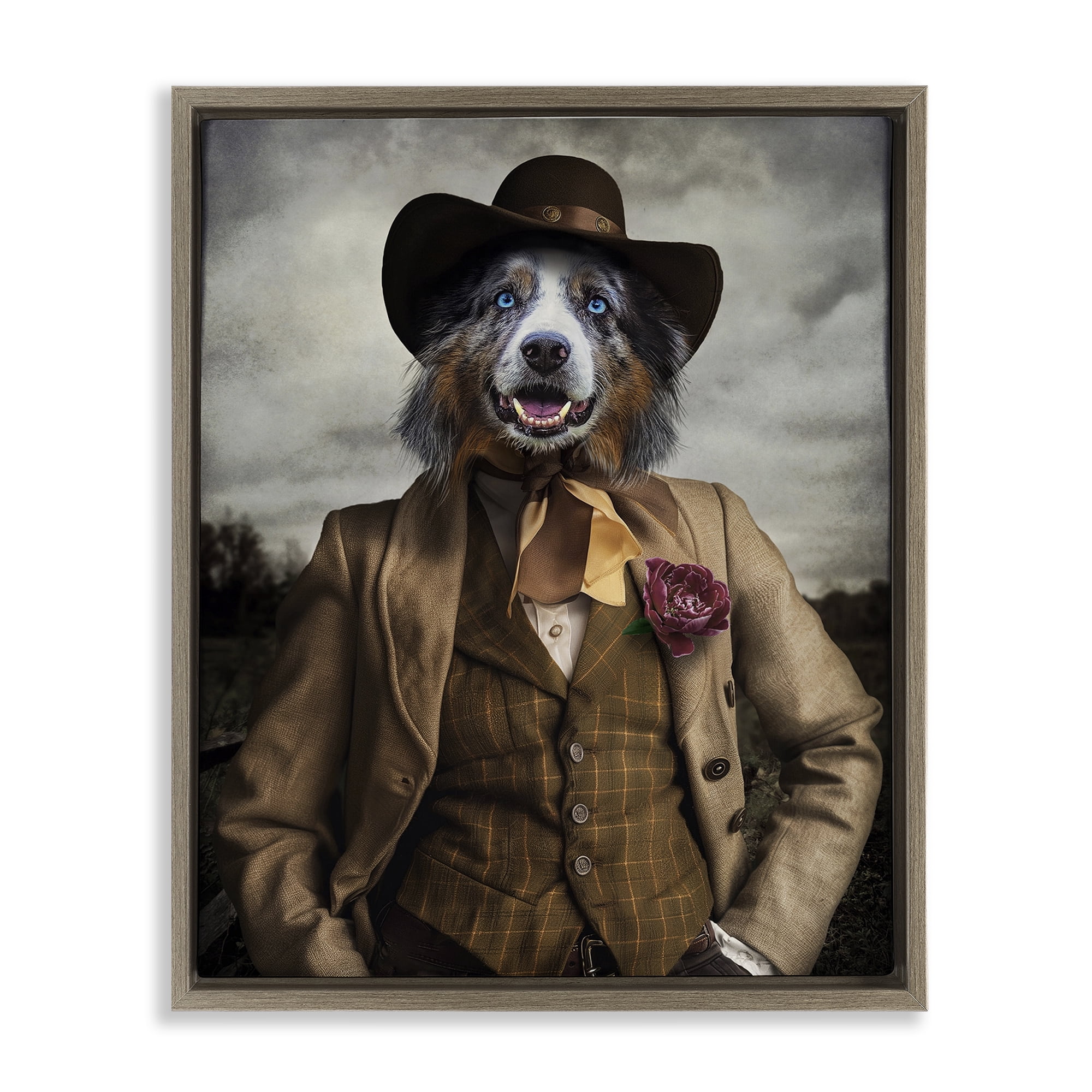 Stupell Industries Colonial Fashion Dog Animals & Insects Painting Brown Floater Framed Canvas Art Print Wall Art, 25 x 31