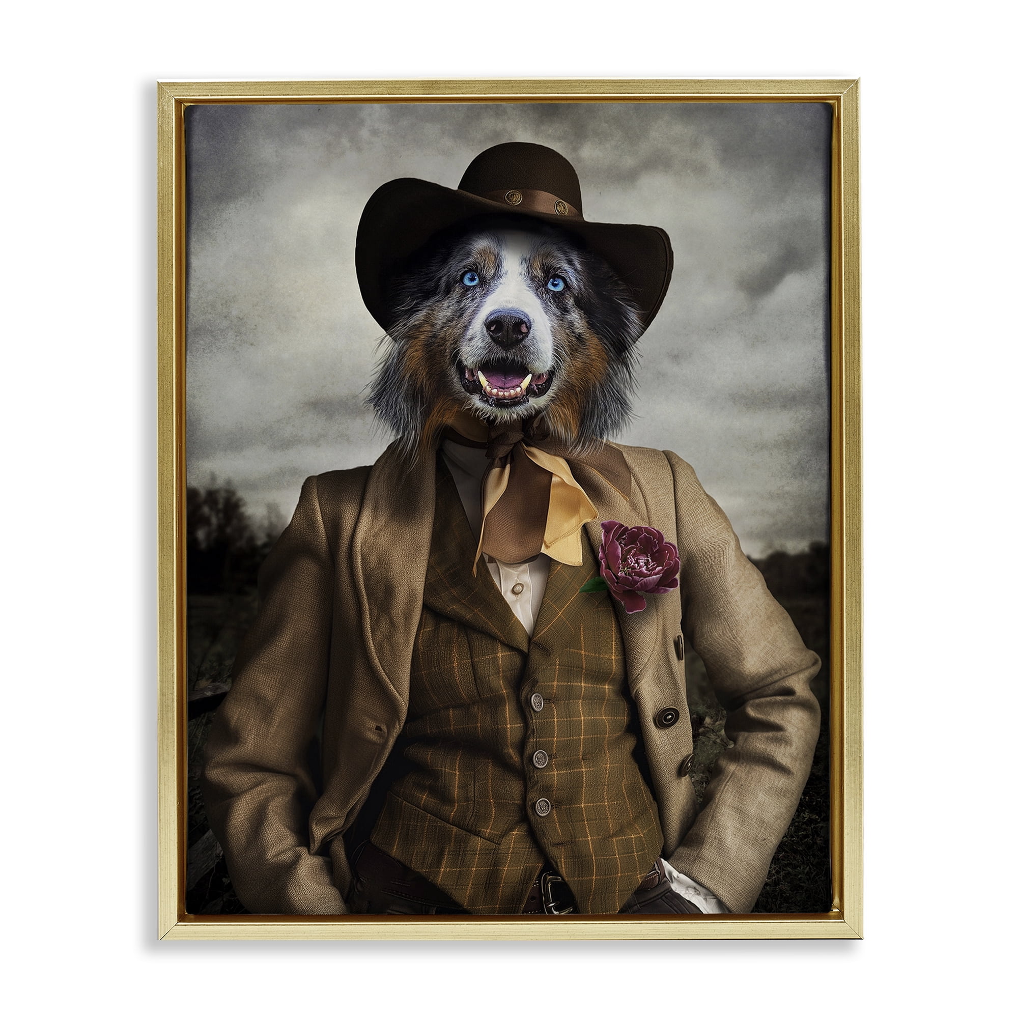 Stupell Industries Colonial Fashion Dog Animals & Insects Painting Gold Floater Framed Canvas Art Print Wall Art, 25 x 31