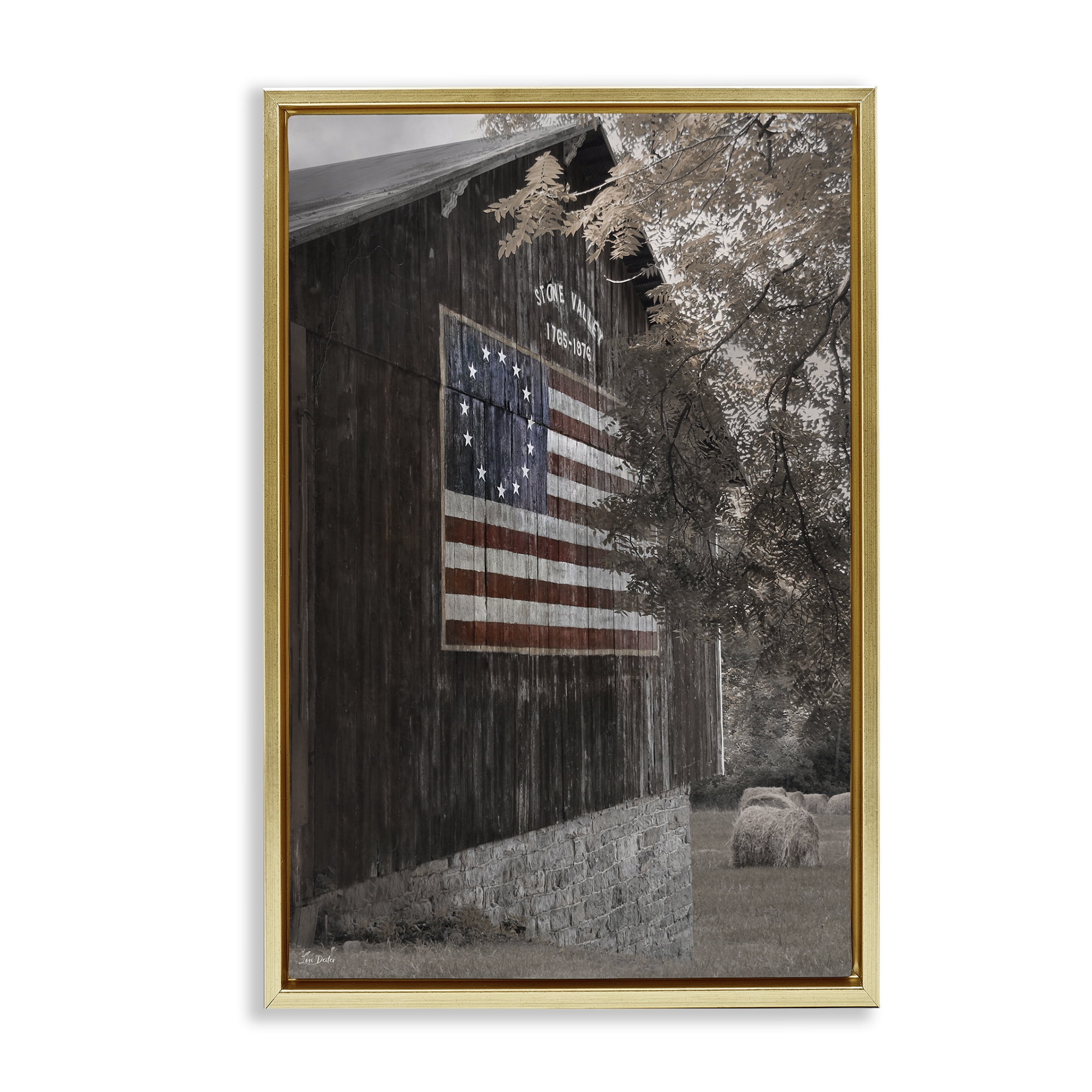 Stupell Industries Colonial Flag on Barn Patriotic Photography Gold Floater Framed Canvas Art Print Wall Art, 21 x 31