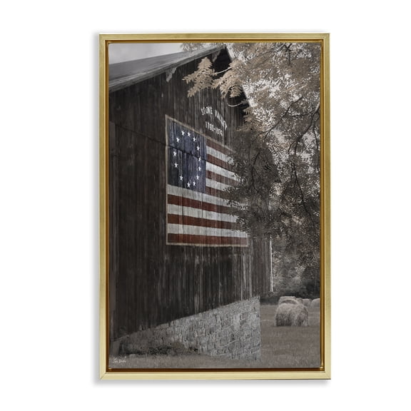 Stupell Industries Colonial Flag on Barn Patriotic Photography Gold Floater Framed Canvas Art Print Wall Art, 21 x 31