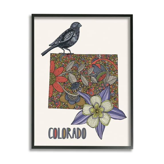 Stupell Industries Colorado State Flower & Bird Detailed Flower Pattern Graphic Art Black Framed Art Print Wall Art, Design by Valentina Harper