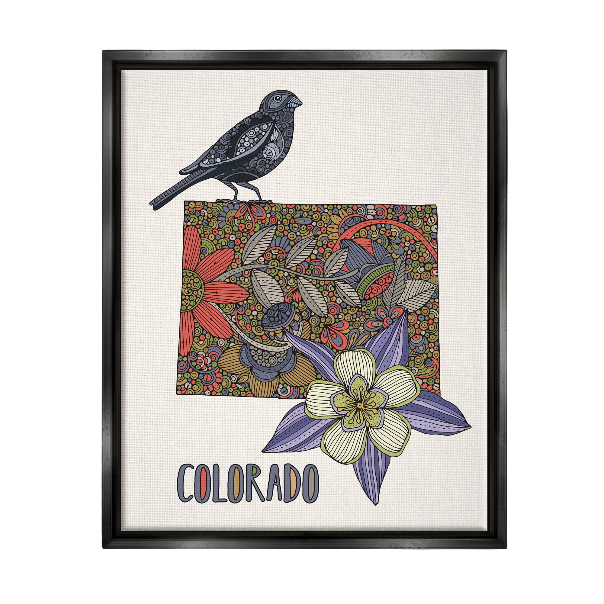 Stupell Industries Colorado State Flower & Bird Detailed Flower Pattern Graphic Art Jet Black Floating Framed Canvas Print Wall Art, Design by Valentina Harper
