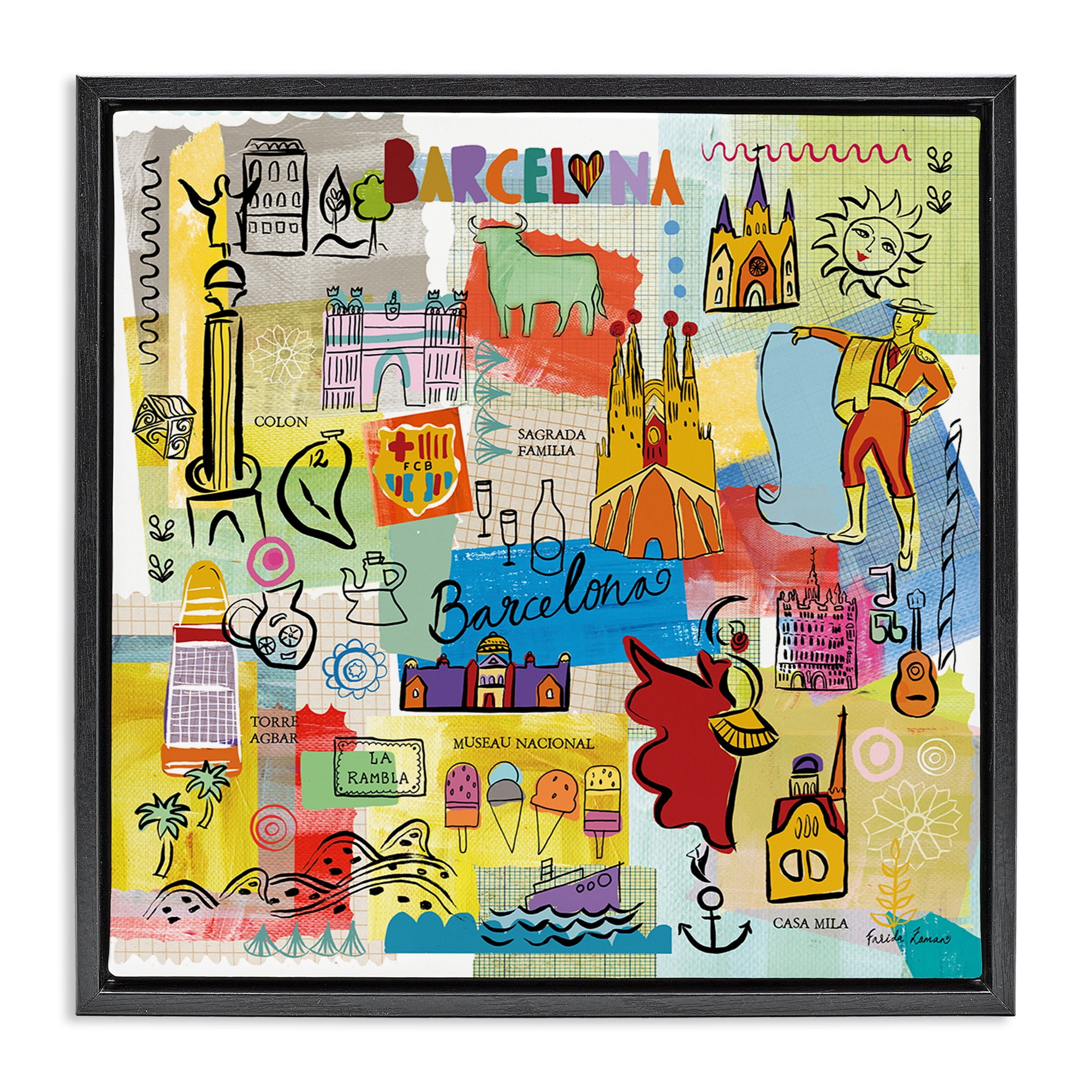 Stupell Industries Colores de Barcelona Cities & Countries Painting Black Floater Framed Art Print Wall Art, 18 x 18