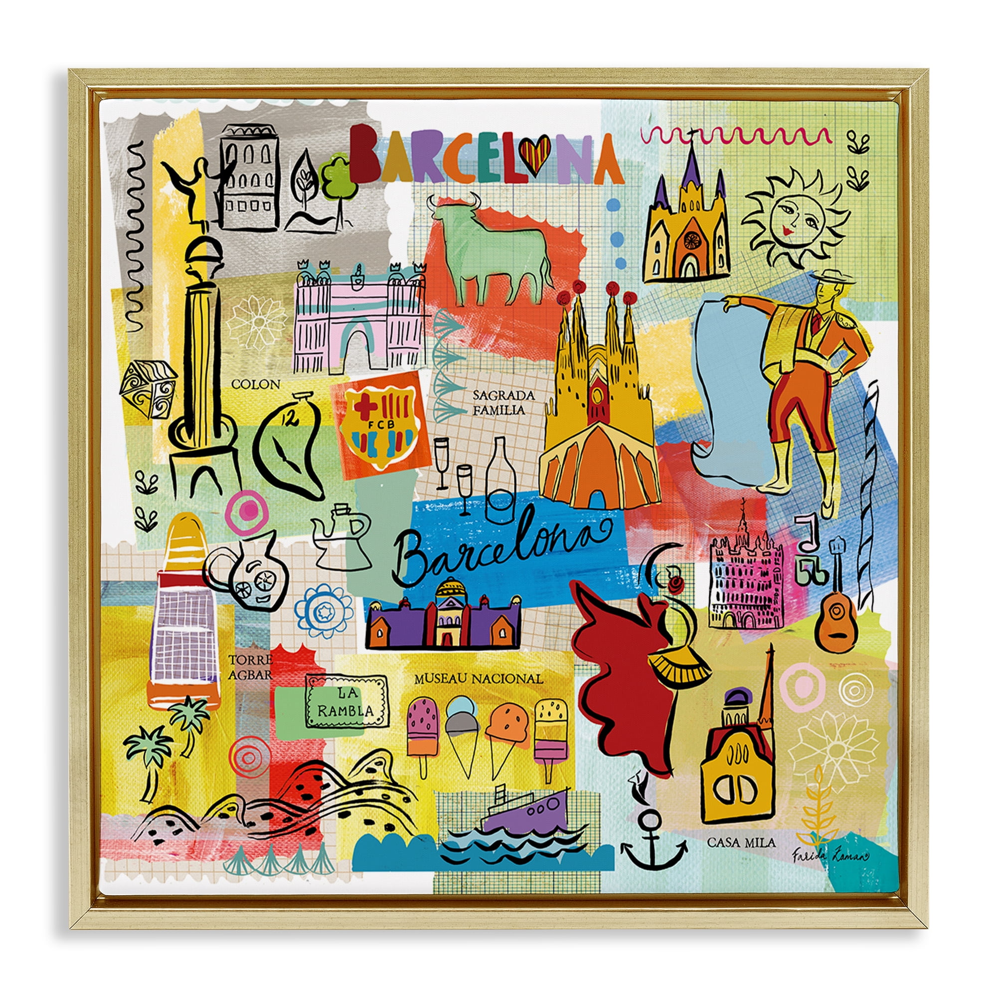 Stupell Industries Colores de Barcelona Cities & Countries Painting Gold Floater Framed Art Print Wall Art, 25 x 25