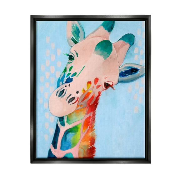 Stupell Industries Colorful Abstract Giraffe Animal Rainbow Blue Drawing Jet Black Framed Floating Canvas Wall Art, 16x20, by Grace Popp