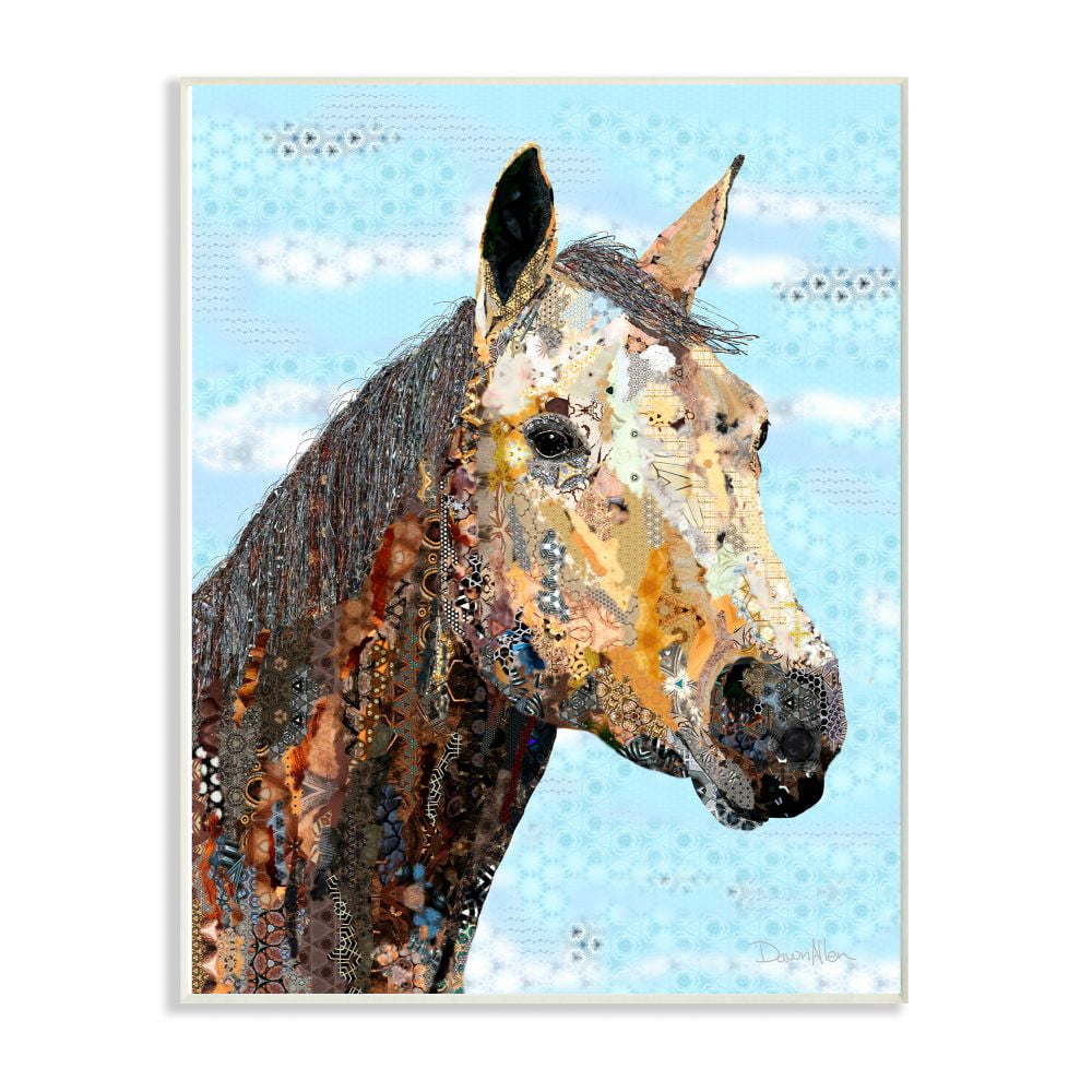 Stupell Industries Colorful Abstract Horse Animal Cool Blue Collage Design Wall Plaque Art by Dawn Allen