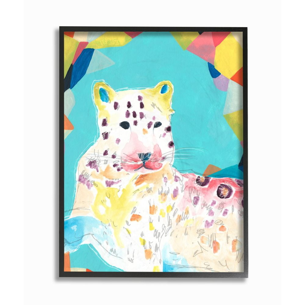 Stupell Industries Colorful Abstract Leopard Large Cat Animal Rainbow Blue Drawing Framed Giclee Texturized Art by June Erica Vess