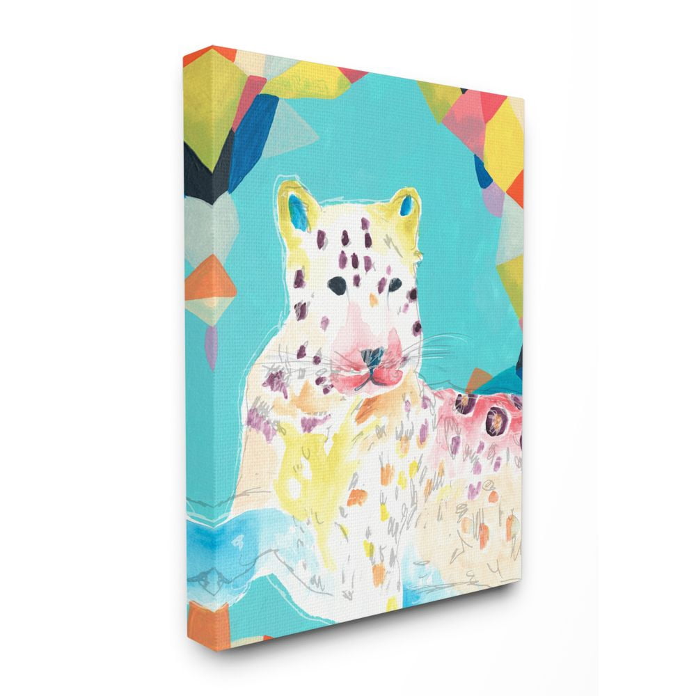 Stupell Industries Colorful Abstract Leopard Large Cat Animal Rainbow Blue Drawing Super Canvas Wall Art by June Erica Vess