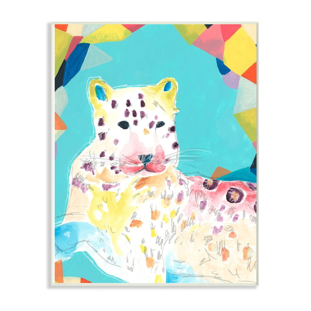 Stupell Industries Colorful Abstract Leopard Large Cat Animal Rainbow Blue Drawing Wall Plaque Art by June Erica Vess