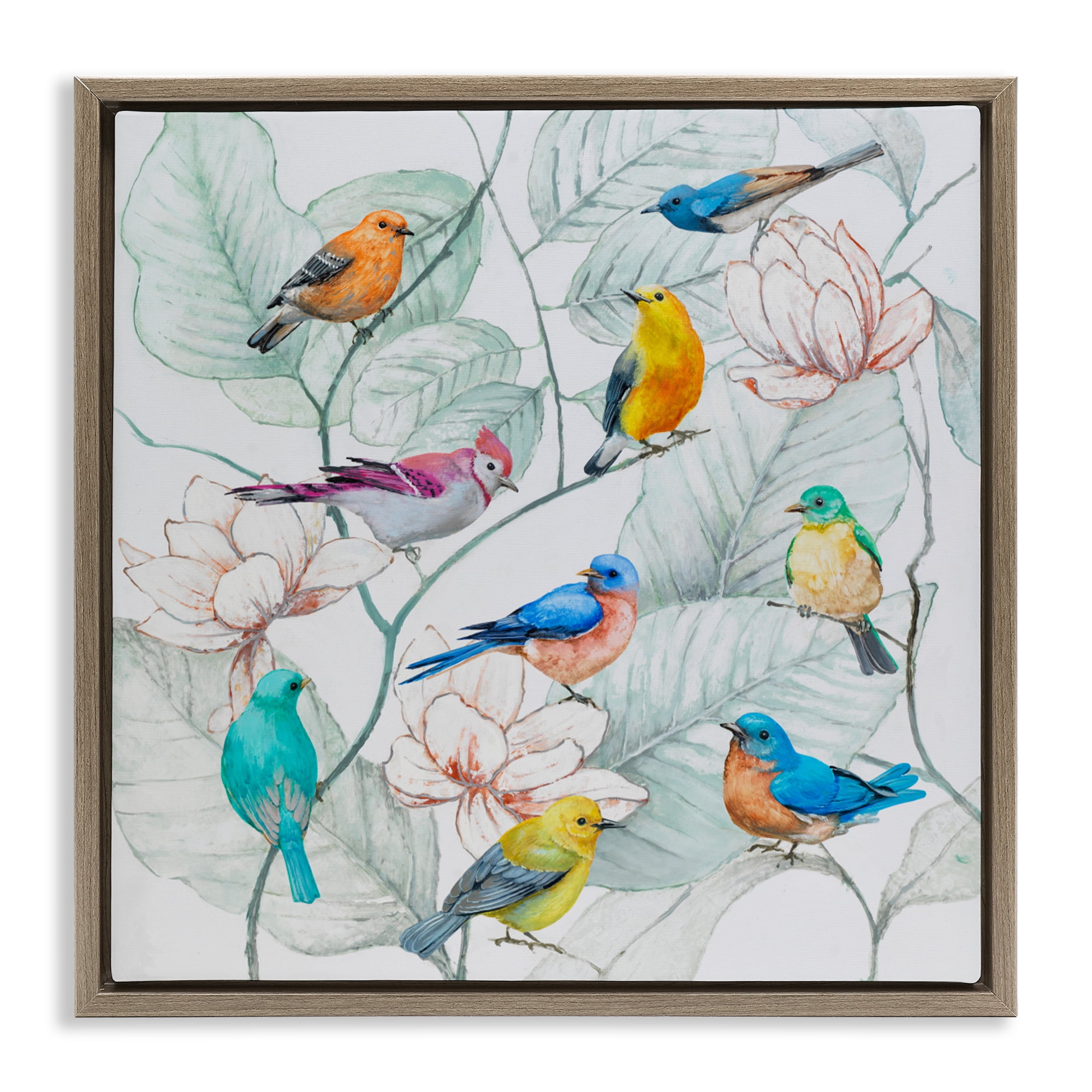 Stupell Industries Colorful Array Of Birds Brown Framed Floater Canvas Wall Art, design by Lorenzo Collective