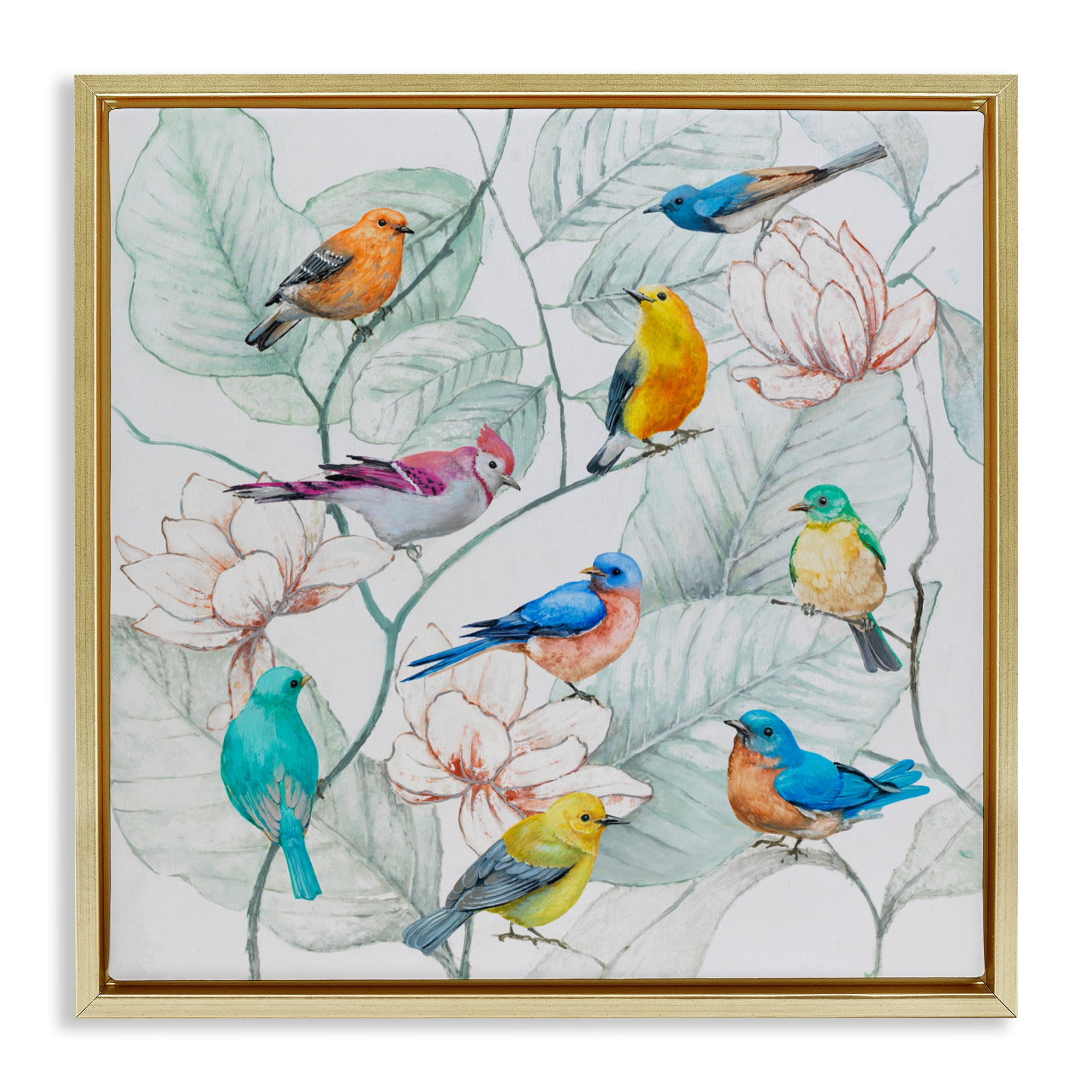 Stupell Industries Colorful Array Of Birds Gold Framed Floater Canvas Wall Art, design by Lorenzo Collective