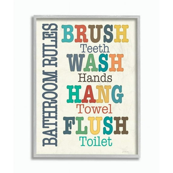 Stupell Industries Colorful Bathroom Rules Typog Graphic Art Gray Framed Art Print Wall Art, 11x14, by Jo Moulton