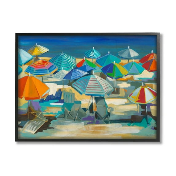 Stupell Industries Colorful Beach Umbrella Landscape Nautical Deep Blue Design by Third and Wall, 16" x 20", Black Framed