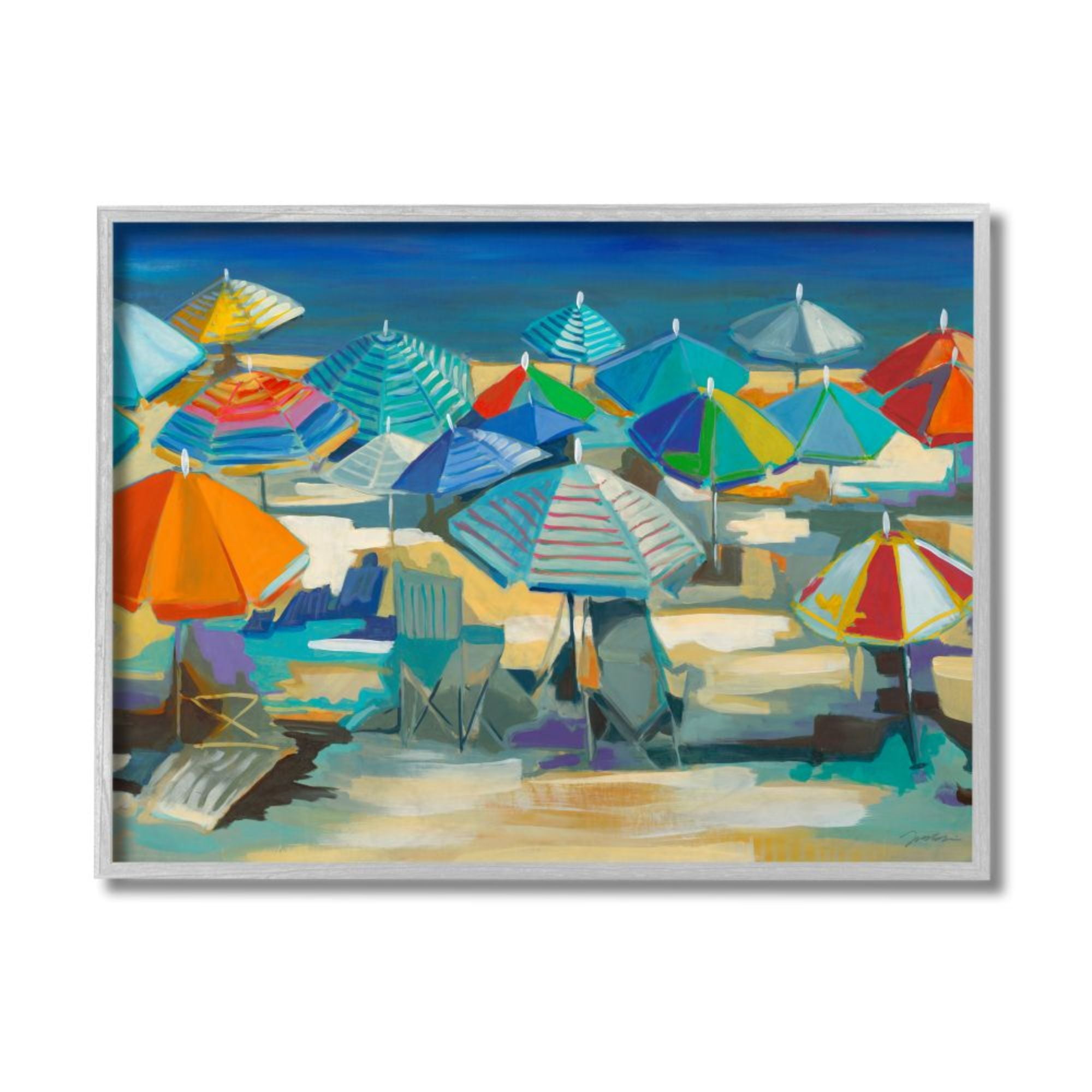 Stupell Industries Colorful Beach Umbrella Landscape Nautical Deep Blue Design by Third and Wall, 16" x 20", Gray Framed