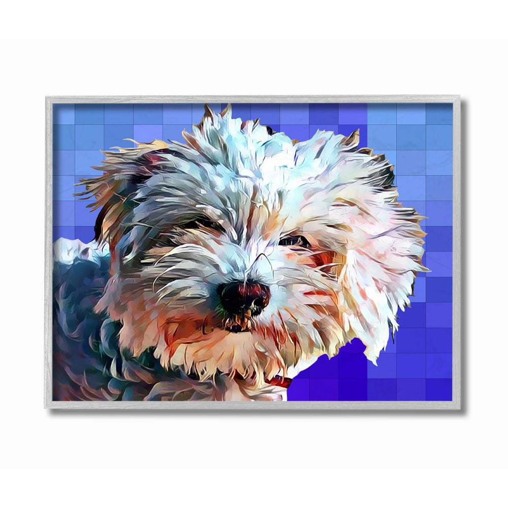 Stupell Industries Colorful Bichon Puppy Over Blue Geometric Pattern Designed by Kim Curinga