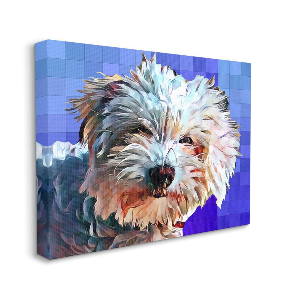 Stupell Industries Colorful Bichon Puppy Over Blue Geometric Pattern Designed by Kim Curinga