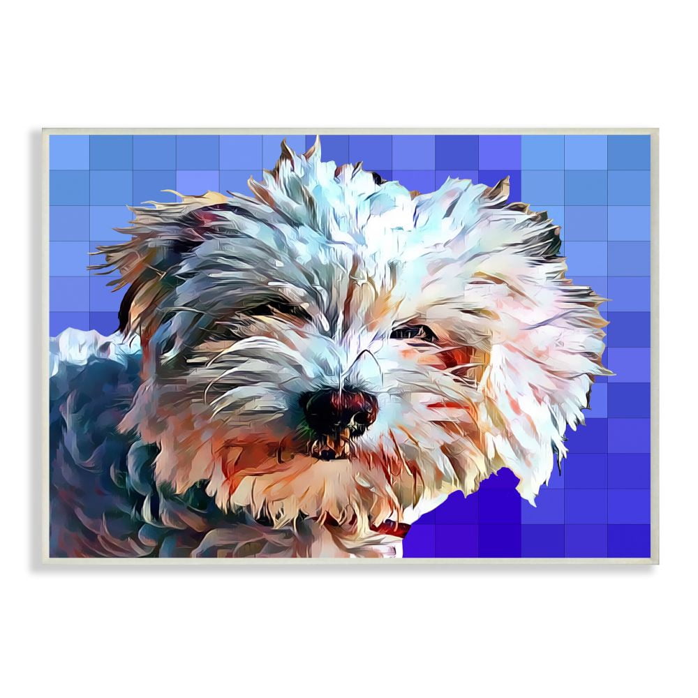 Stupell Industries Colorful Bichon Puppy Over Blue Geometric Pattern Graphic Art Unframed Art Print Wall Art, 13x19, by Kim Curinga