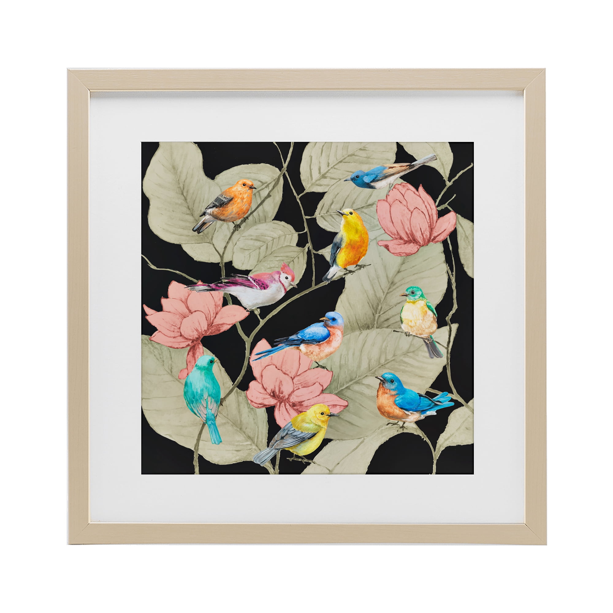 Stupell Industries Colorful Birds & Leaf Motif Birch Framed Print Under Glass, design by Lorenzo Collective