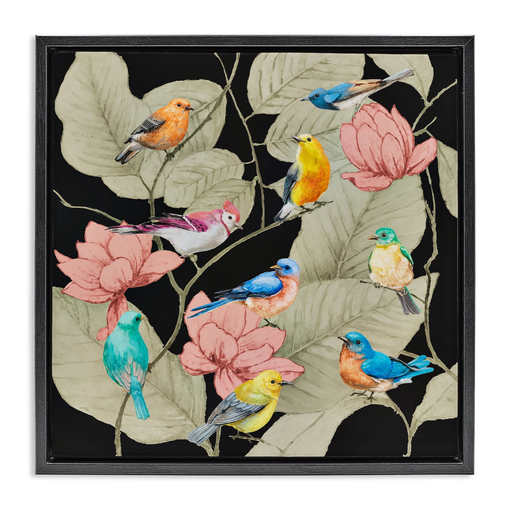 Stupell Industries Colorful Birds & Leaf Motif Black Framed Floater Canvas Wall Art, design by Lorenzo Collective