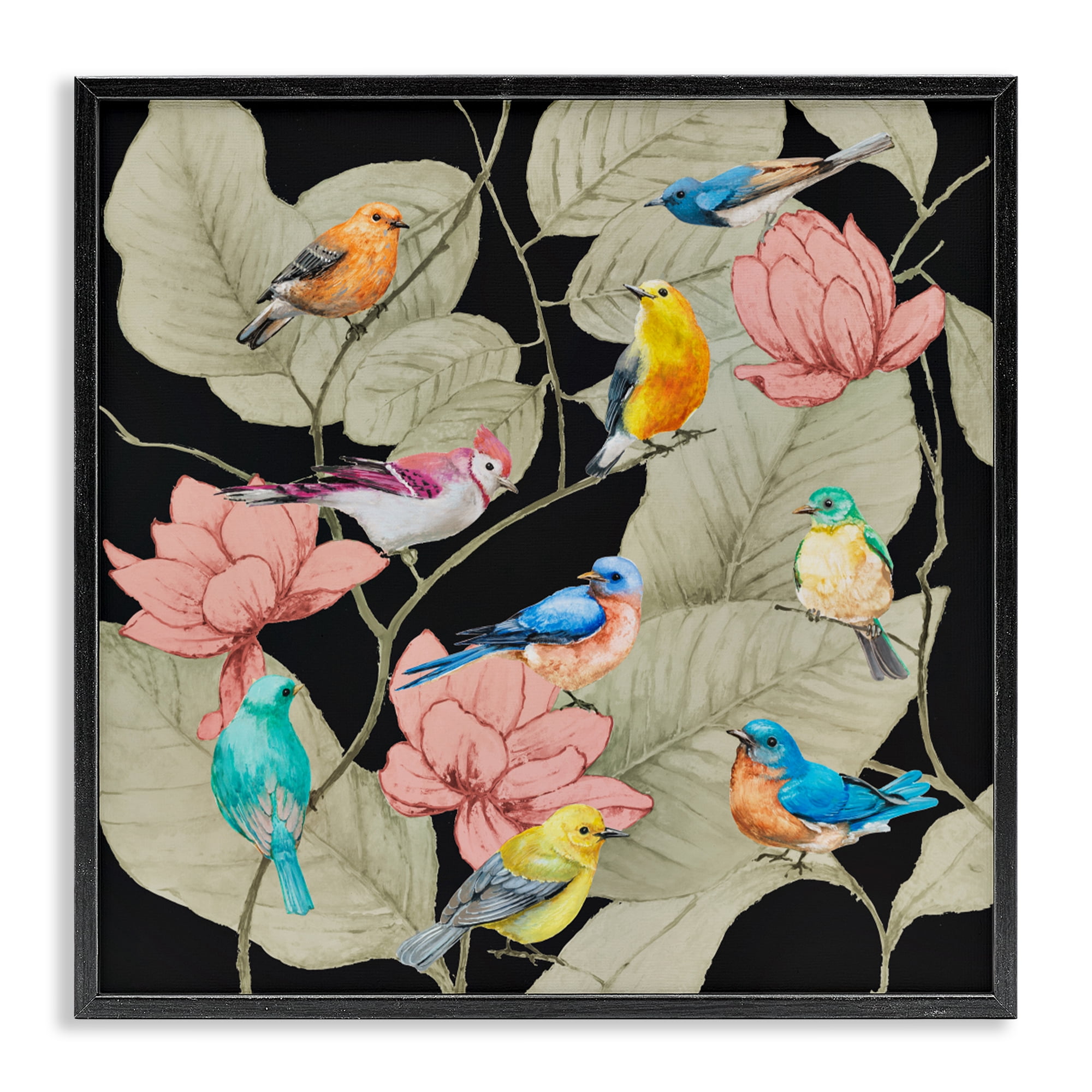 Stupell Industries Colorful Birds & Leaf Motif Black Framed Giclee Art, design by Lorenzo Collective