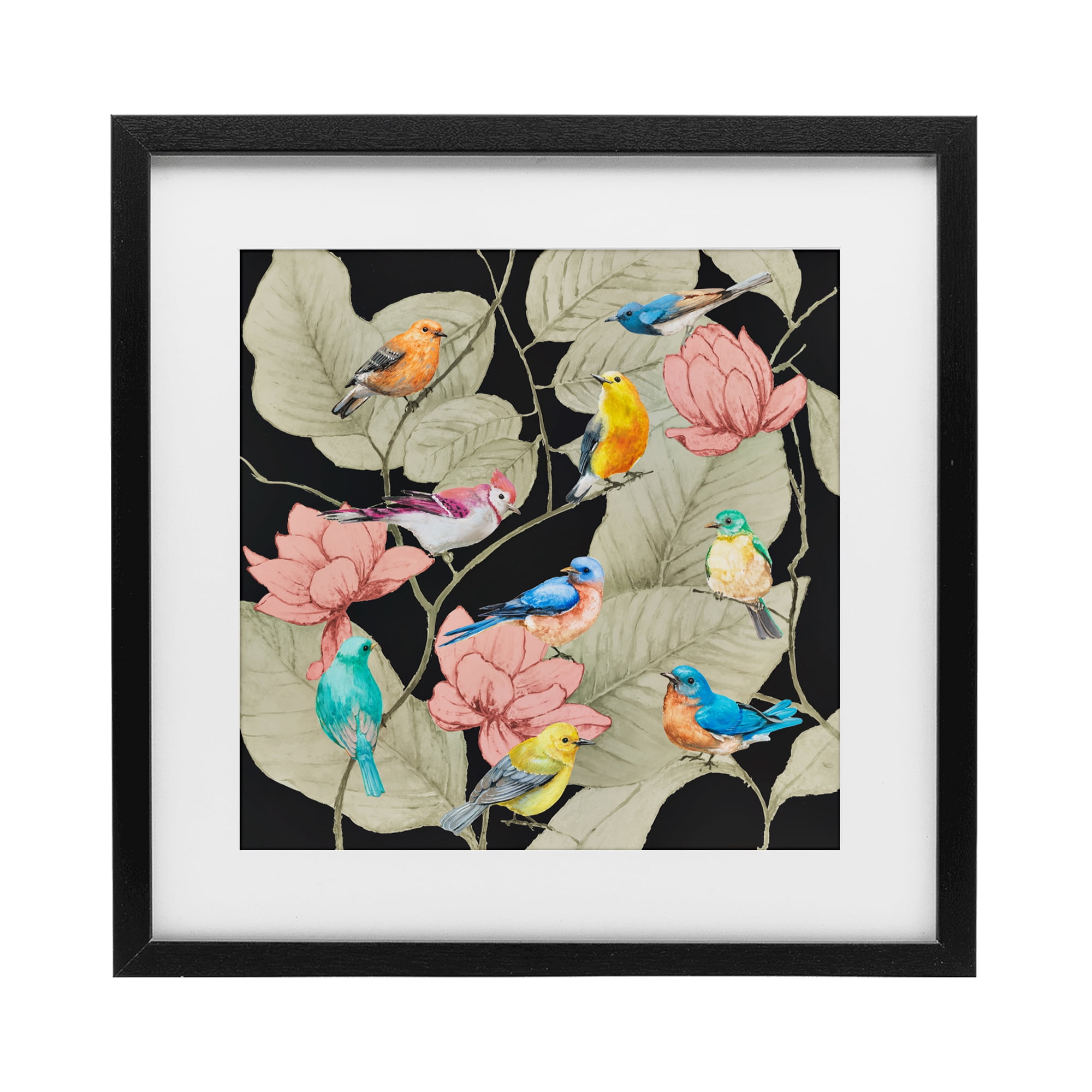 Stupell Industries Colorful Birds & Leaf Motif Black Framed Print Under Glass, design by Lorenzo Collective