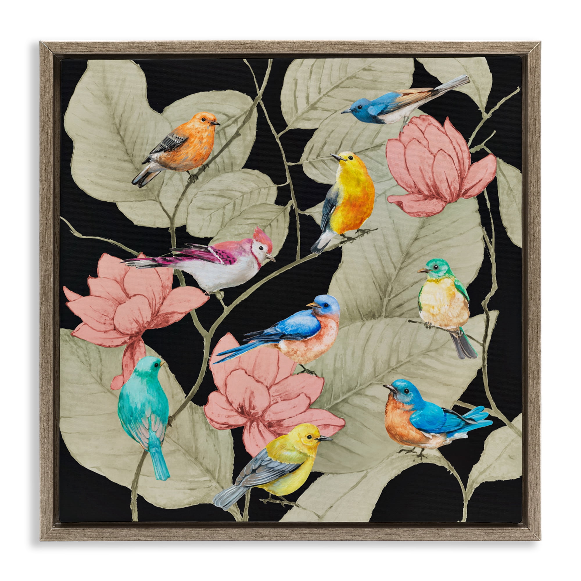 Stupell Industries Colorful Birds & Leaf Motif Brown Framed Floater Canvas Wall Art, design by Lorenzo Collective