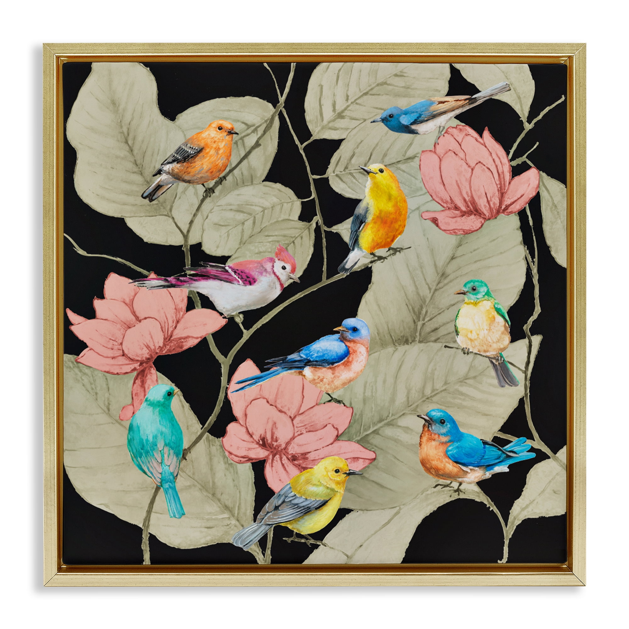 Stupell Industries Colorful Birds & Leaf Motif Gold Framed Floater Canvas Wall Art, design by Lorenzo Collective