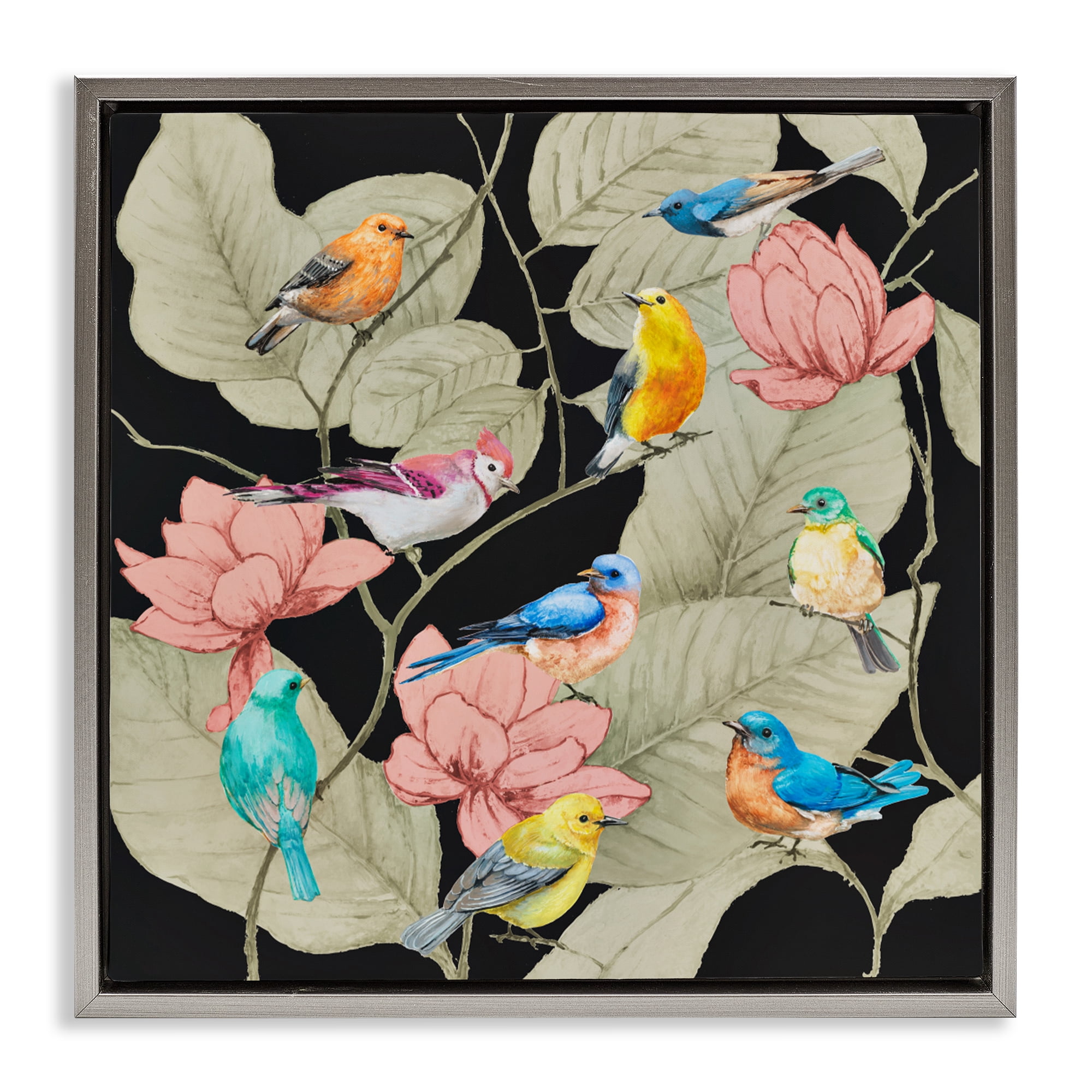 Stupell Industries Colorful Birds & Leaf Motif Gray Framed Floater Canvas Wall Art, design by Lorenzo Collective