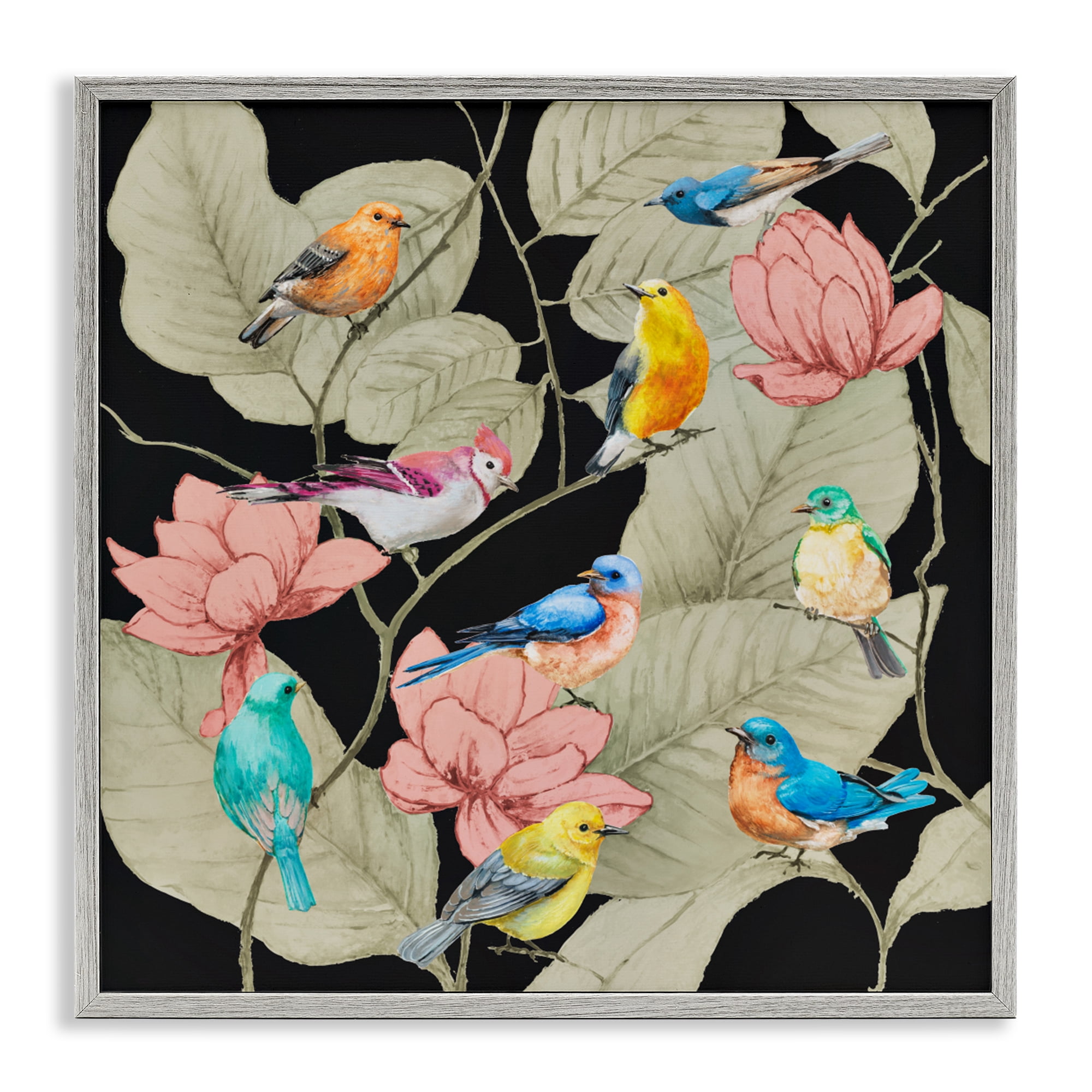 Stupell Industries Colorful Birds & Leaf Motif Gray Framed Giclee Art, design by Lorenzo Collective