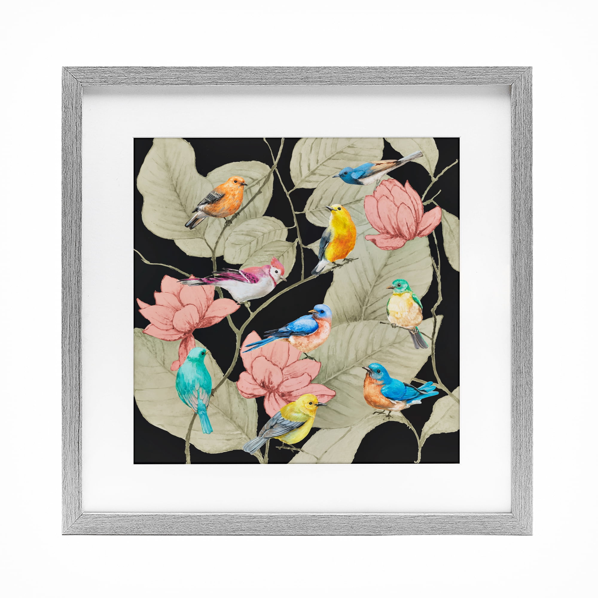 Stupell Industries Colorful Birds & Leaf Motif Gray Framed Print Under Glass, design by Lorenzo Collective