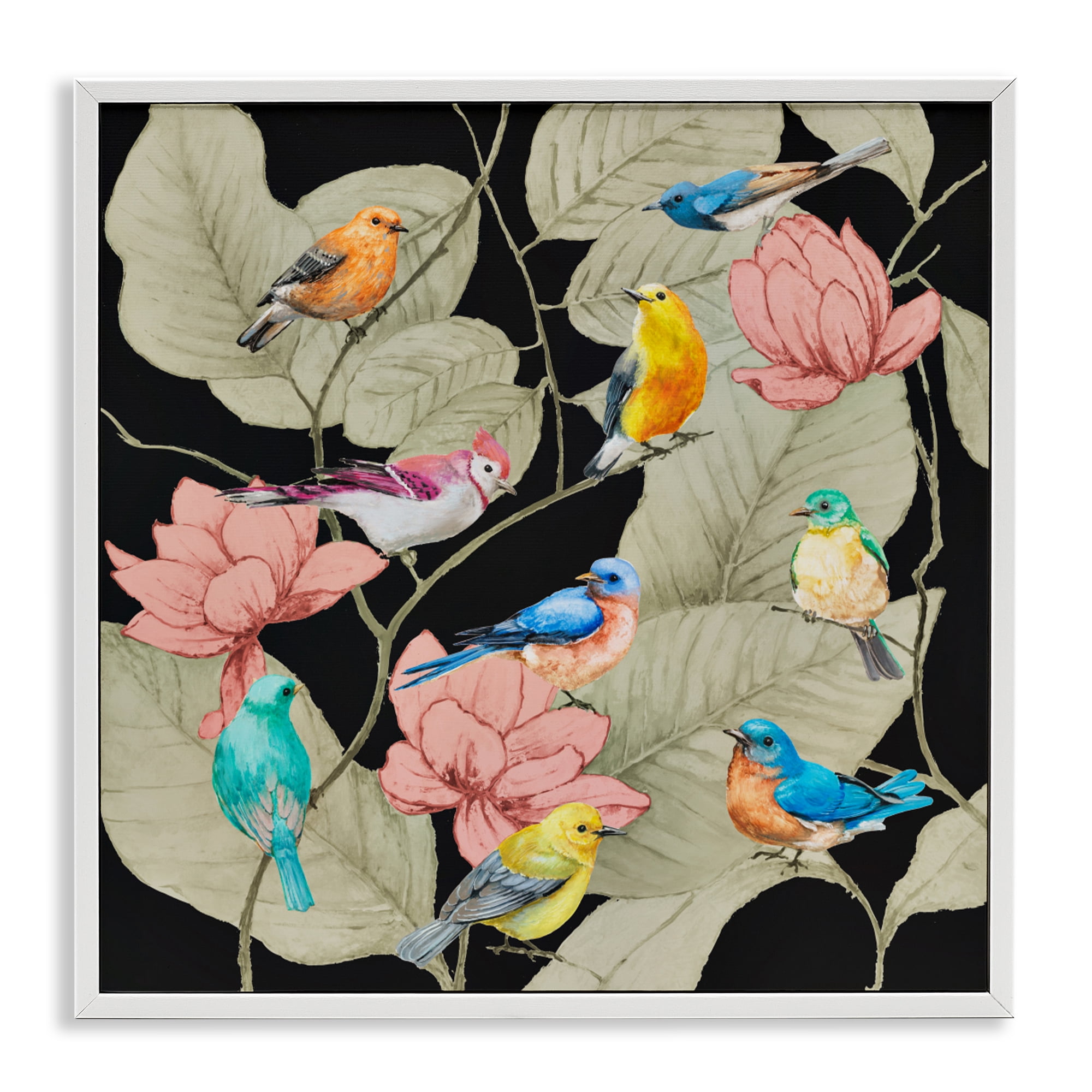 Stupell Industries Colorful Birds & Leaf Motif White Framed Giclee Art, design by Lorenzo Collective