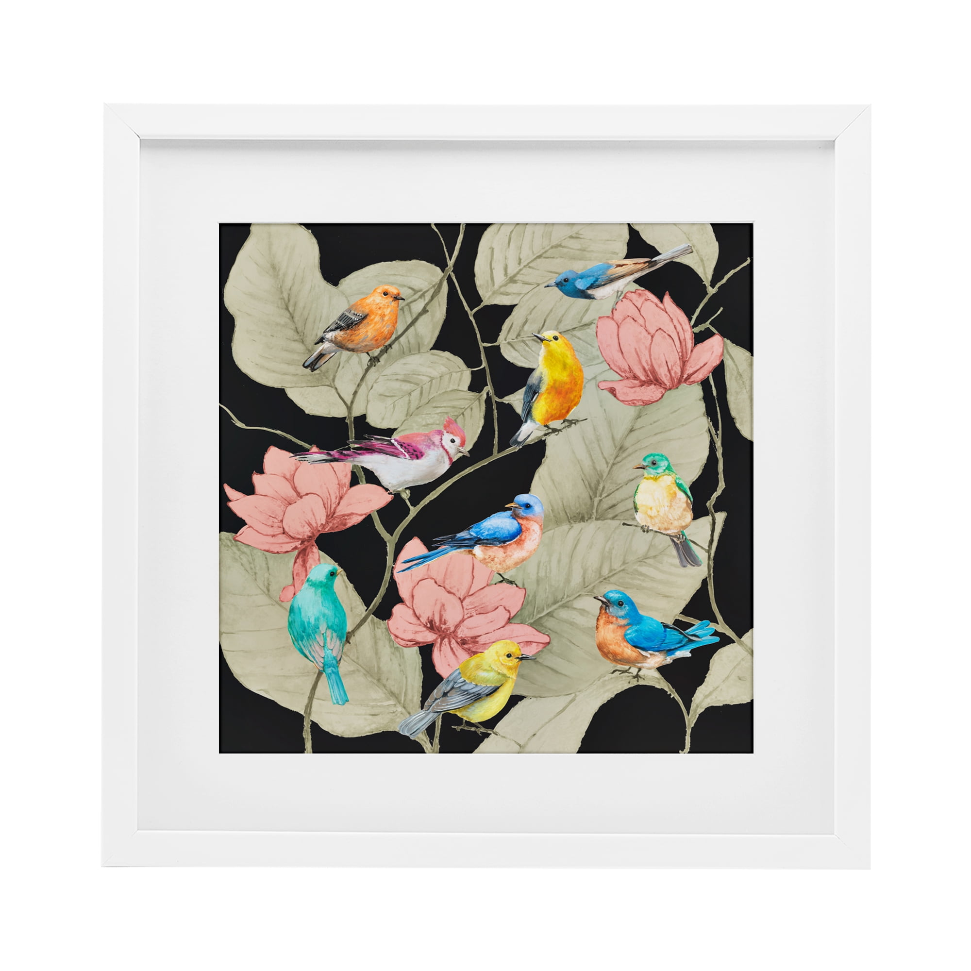 Stupell Industries Colorful Birds & Leaf Motif White Framed Print Under Glass, design by Lorenzo Collective