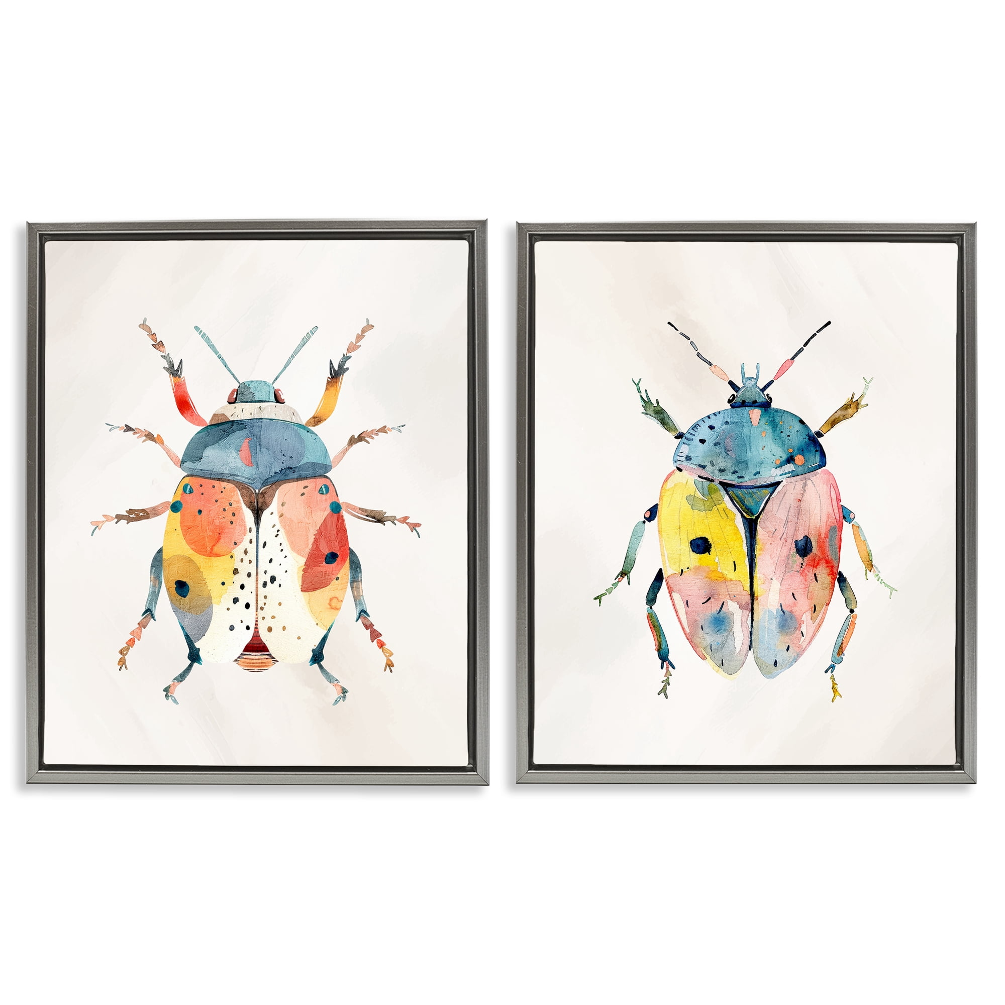 Stupell Industries Colorful Boho Beetles 2 Piece Gray Framed Floater Canvas Set, design by Kim Allen