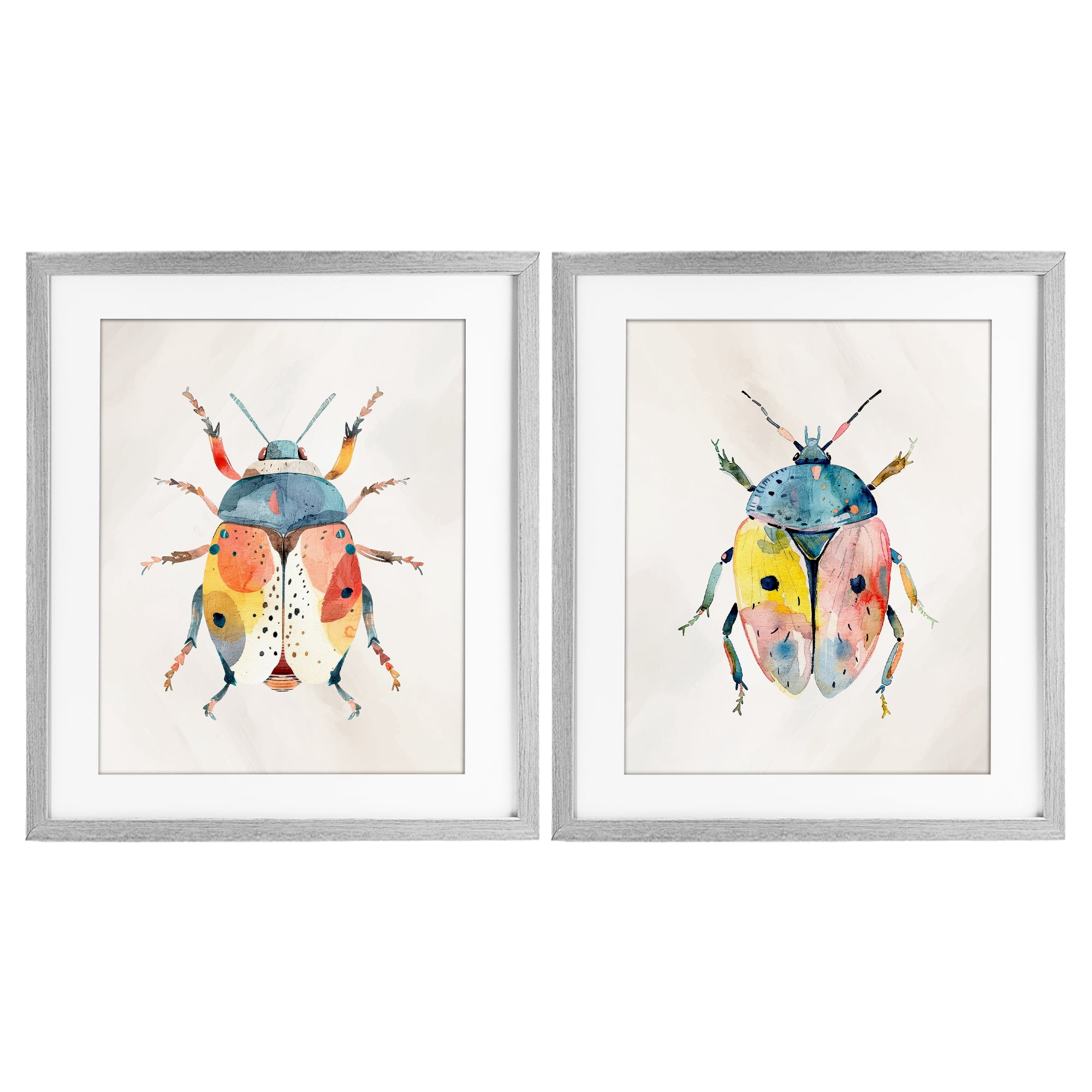Stupell Industries Colorful Boho Beetles 2 Piece Gray Framed Print Under Glass Set, design by Kim Allen