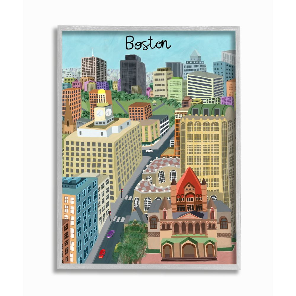 Stupell Industries Colorful Boston Massachusetts City Landmark Architecture Framed Wall Art Design by Carla Daly, 11" x 14", Gray Framed