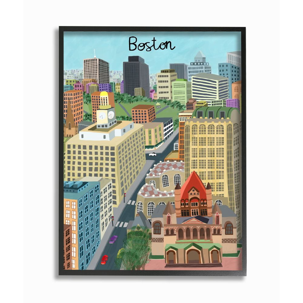 Stupell Industries Colorful Boston Massachusetts City Landmark Architecture Framed Wall Art Design by Carla Daly, 16" x 20", Black Framed