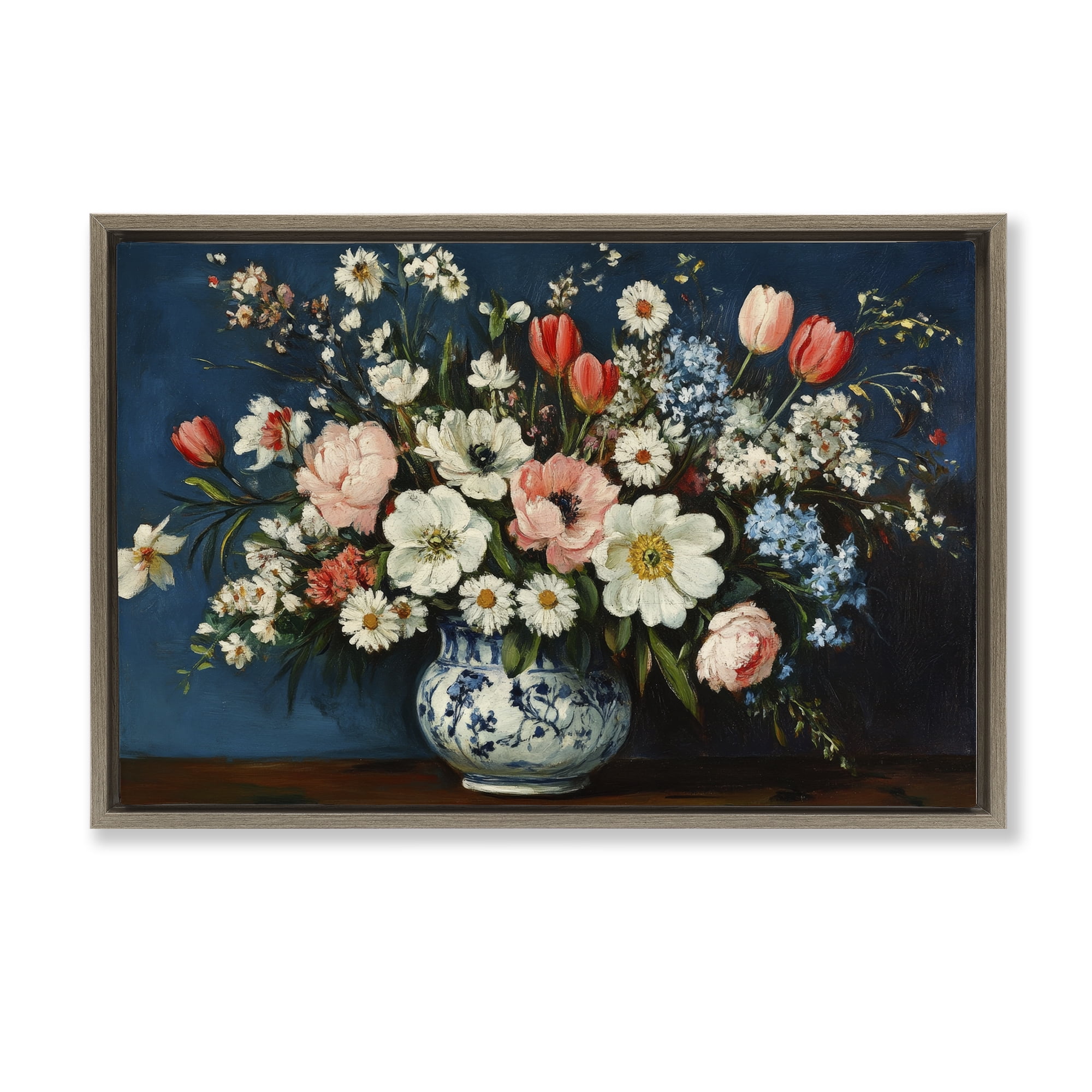Stupell Industries Colorful Bouquet in Vase Brown Framed Floater Canvas Wall Art, design by Petal Prints Design
