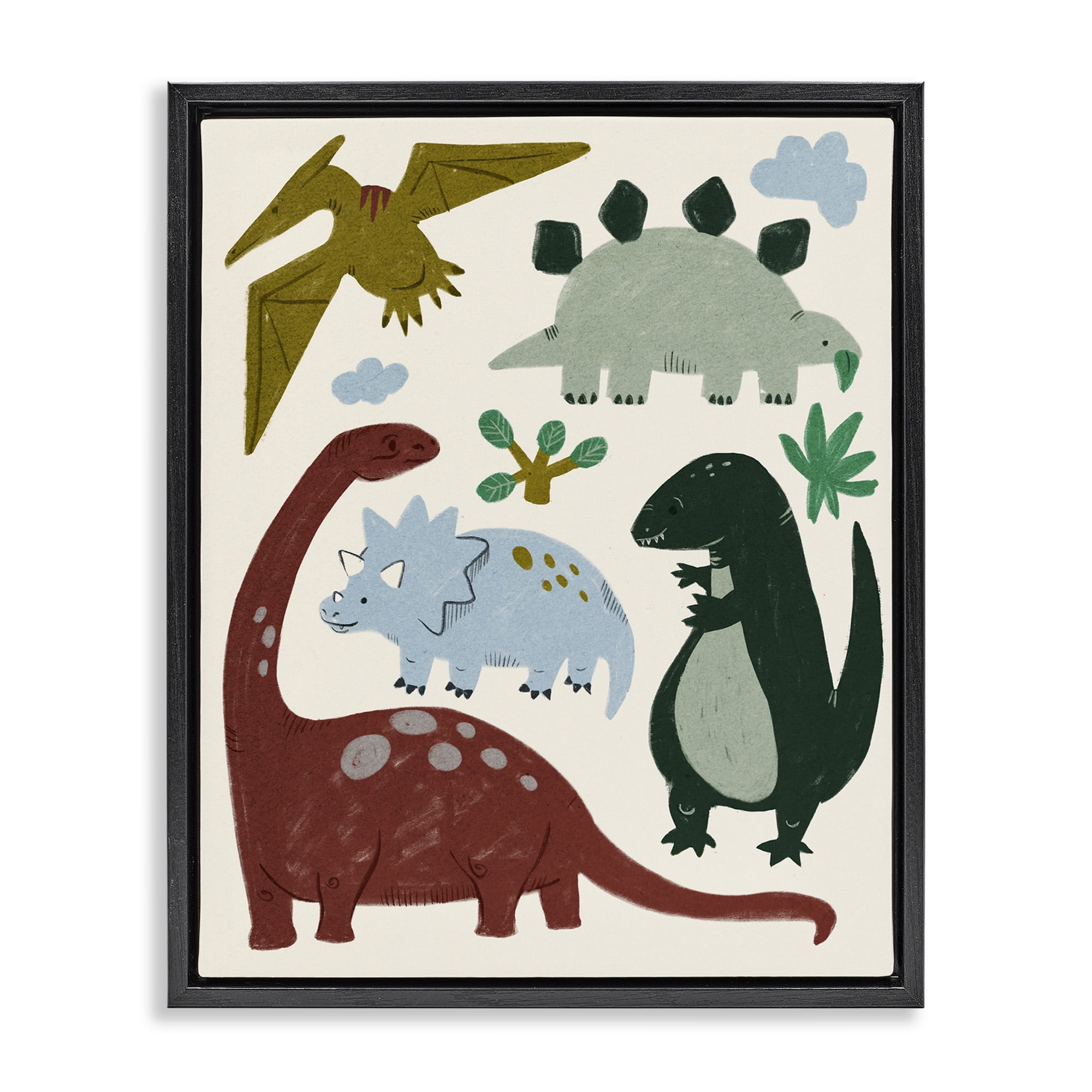 Stupell Industries Colorful Cartoon Dinosaur Friends Animals & Insects Painting Black Floater Framed Canvas Art Print Wall Art, 25 x 31