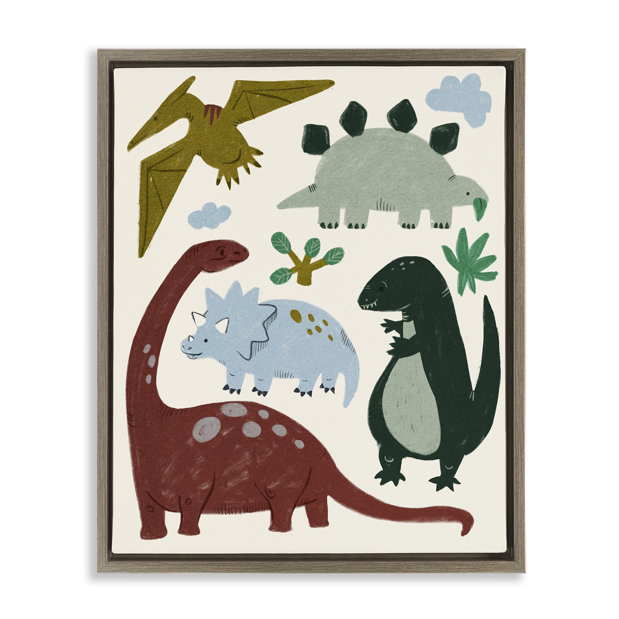 Stupell Industries Colorful Cartoon Dinosaur Friends Animals & Insects Painting Brown Floater Framed Canvas Art Print Wall Art, 17 x 21