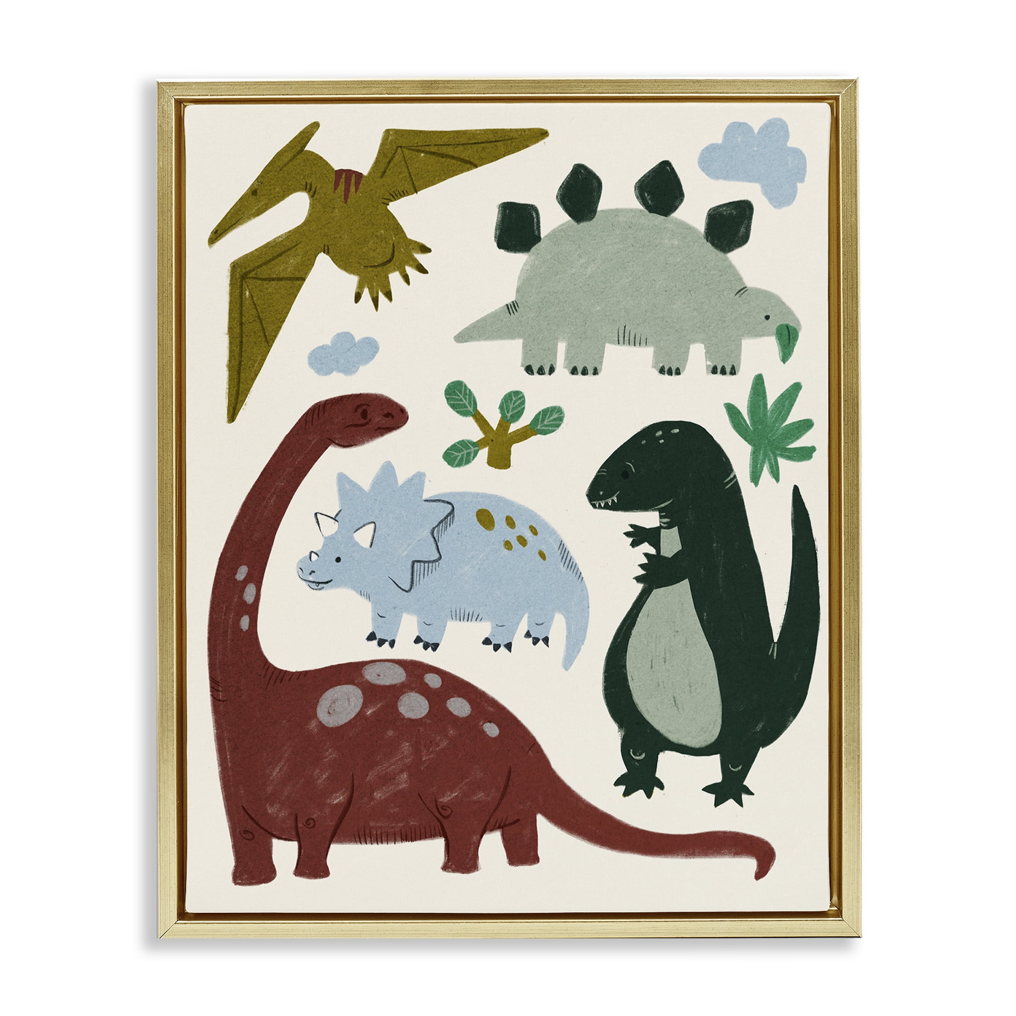 Stupell Industries Colorful Cartoon Dinosaur Friends Animals & Insects Painting Gold Floater Framed Canvas Art Print Wall Art, 17 x 21